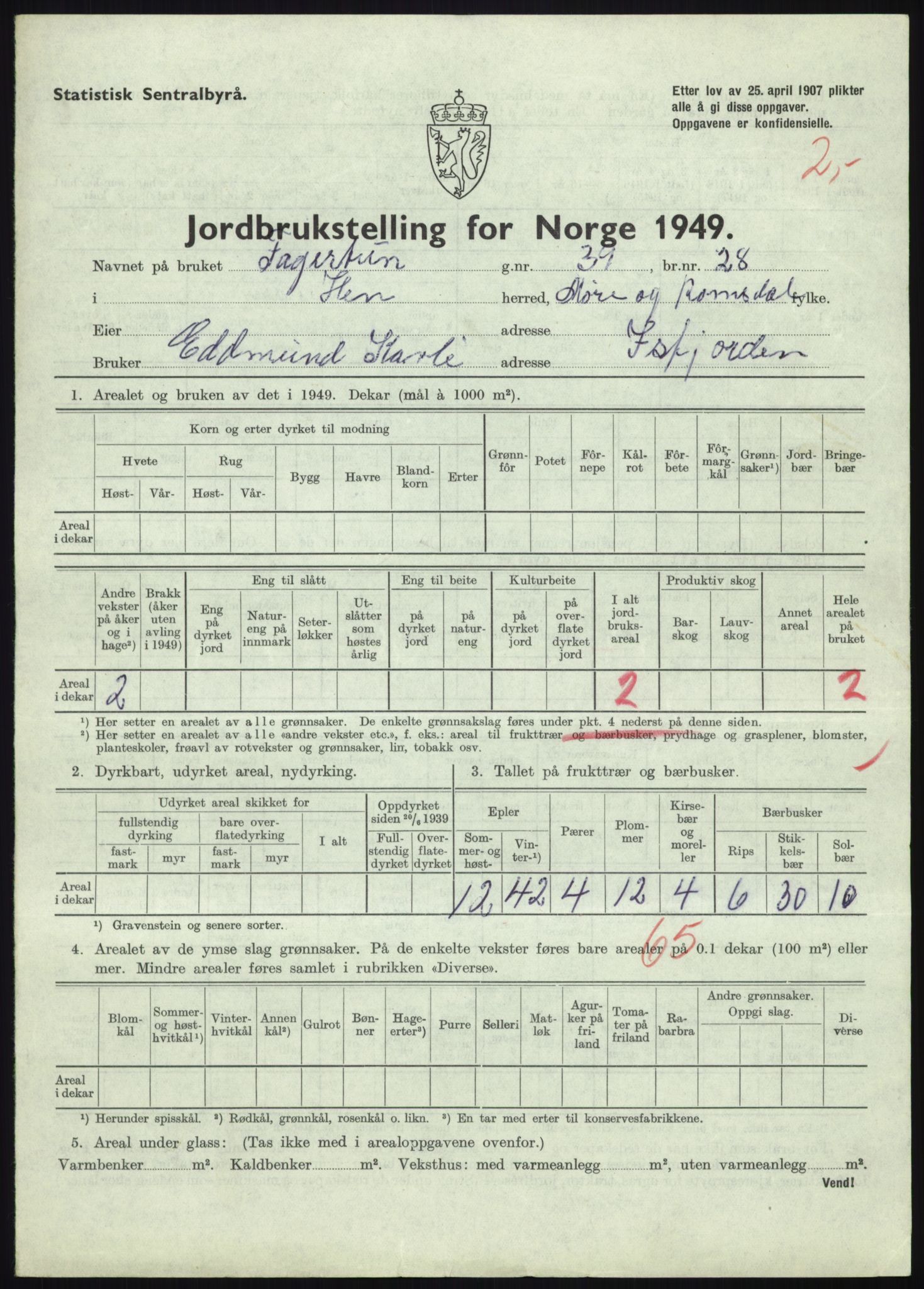 Statistisk sentralbyrå, Næringsøkonomiske emner, Jordbruk, skogbruk, jakt, fiske og fangst, AV/RA-S-2234/G/Gc/L0323: Møre og Romsdal: Grytten og Hen, 1949, p. 387