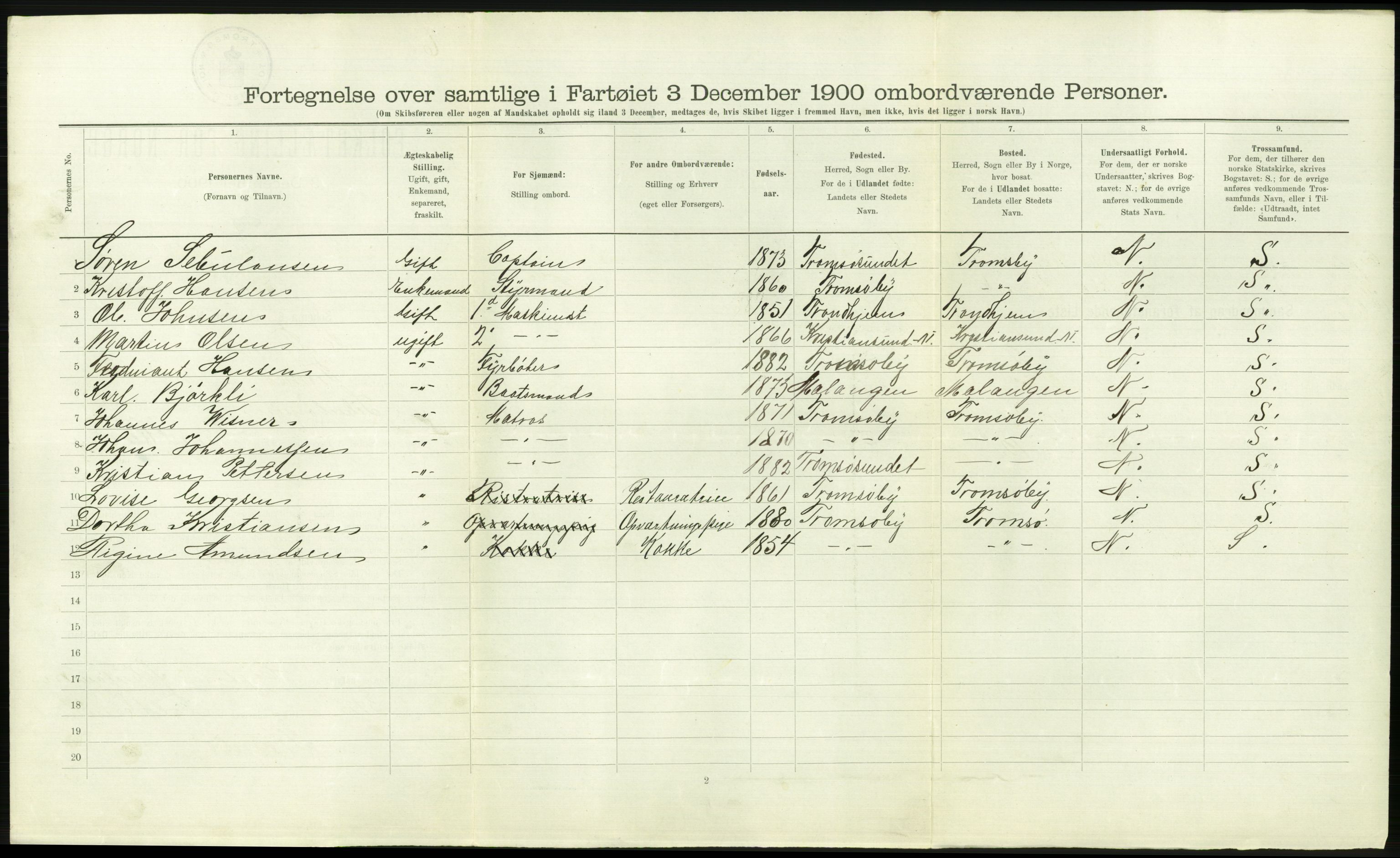 RA, 1900 Census - ship lists from ships in Norwegian harbours, harbours abroad and at sea, 1900, p. 2706