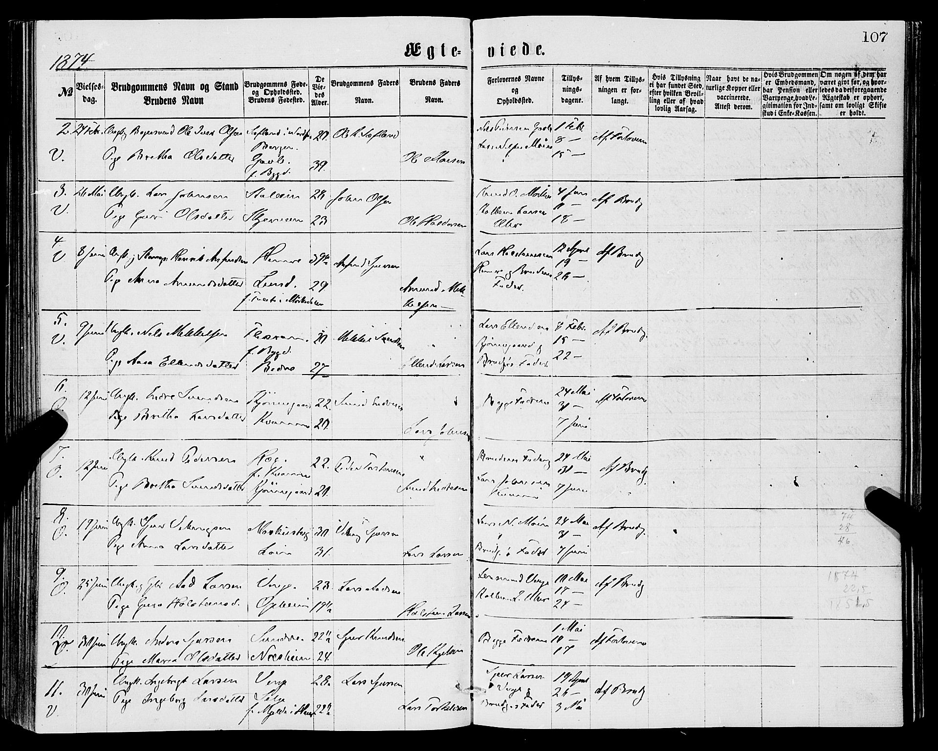 Vossestrand Sokneprestembete, SAB/A-79101/H/Haa: Parish register (official) no. A 1, 1866-1877, p. 107