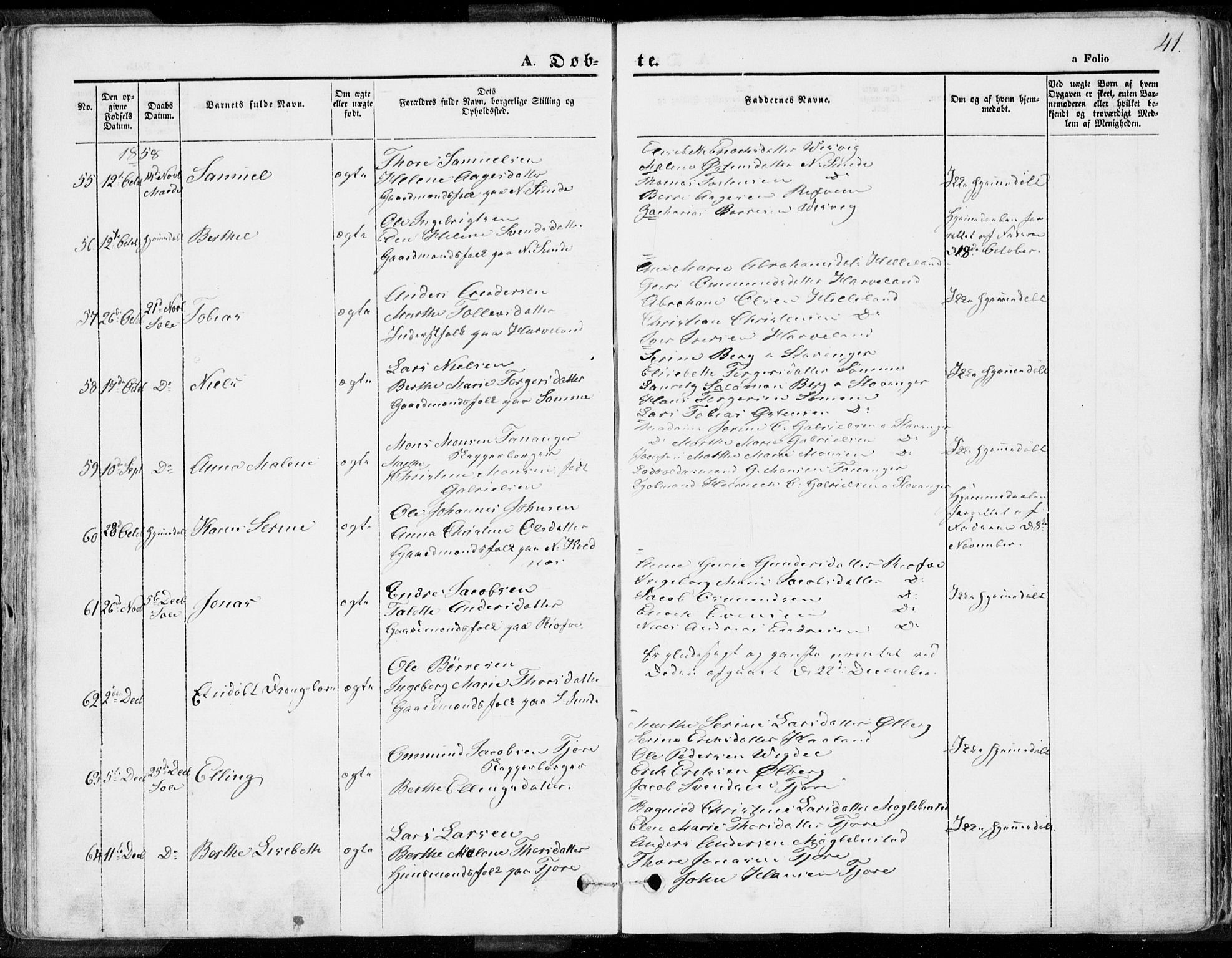 Håland sokneprestkontor, AV/SAST-A-101802/001/30BA/L0007: Parish register (official) no. A 7.1, 1854-1870, p. 41