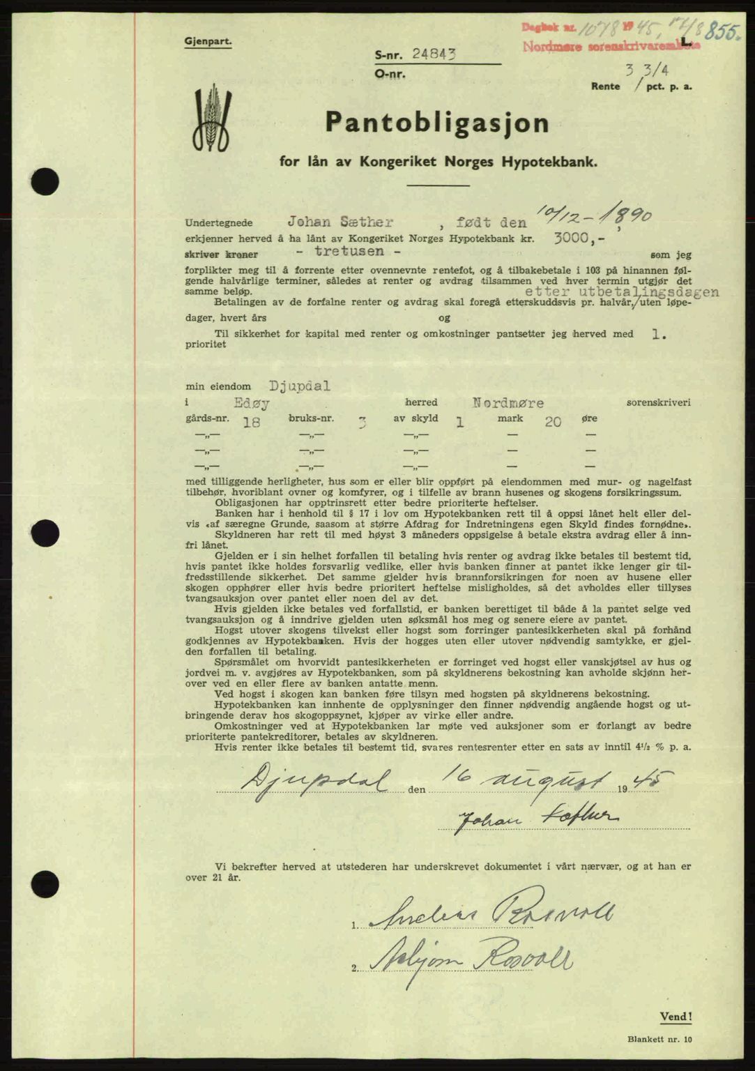 Nordmøre sorenskriveri, AV/SAT-A-4132/1/2/2Ca: Mortgage book no. B92, 1944-1945, Diary no: : 1078/1945