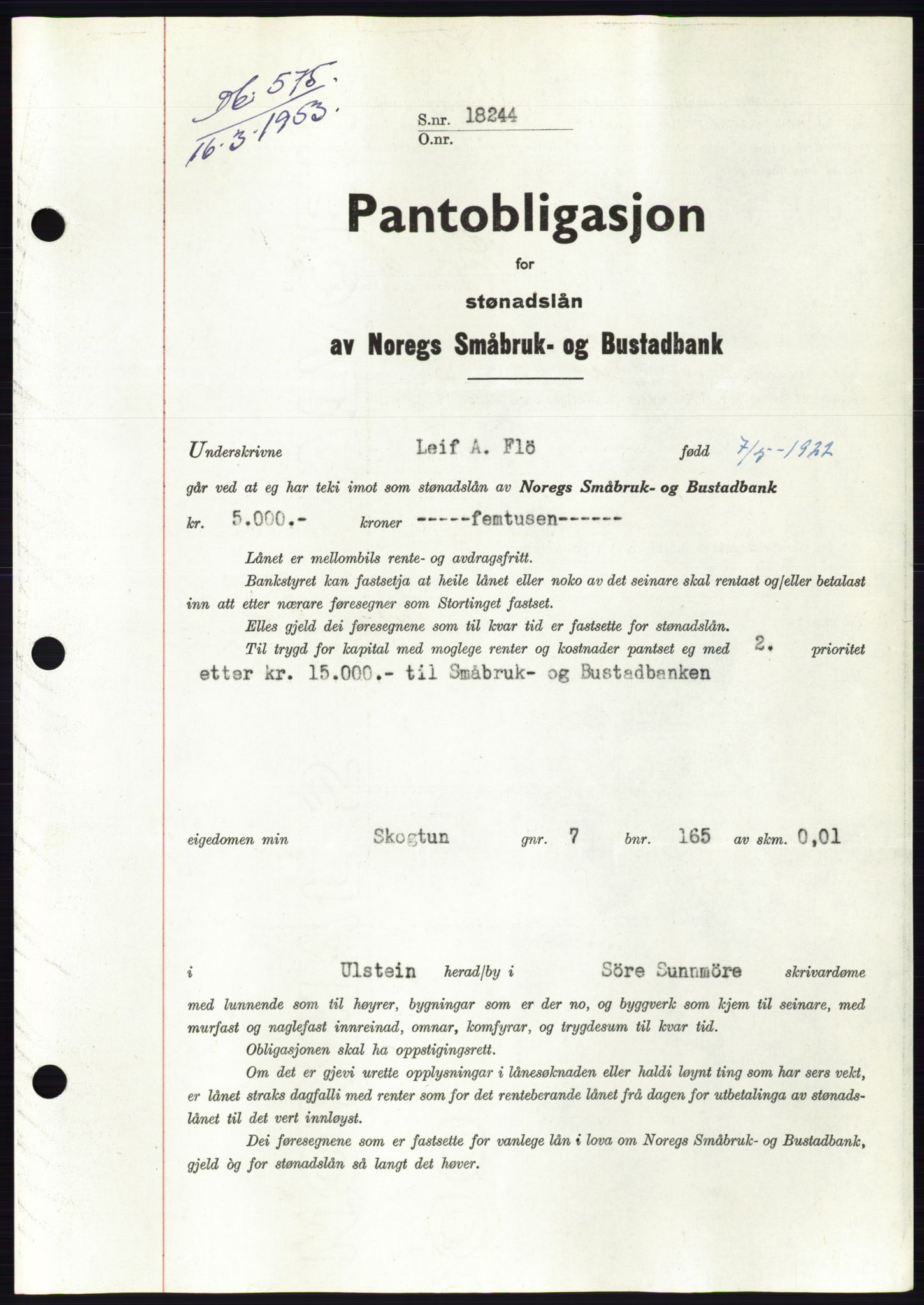 Søre Sunnmøre sorenskriveri, AV/SAT-A-4122/1/2/2C/L0123: Mortgage book no. 11B, 1953-1953, Diary no: : 575/1953