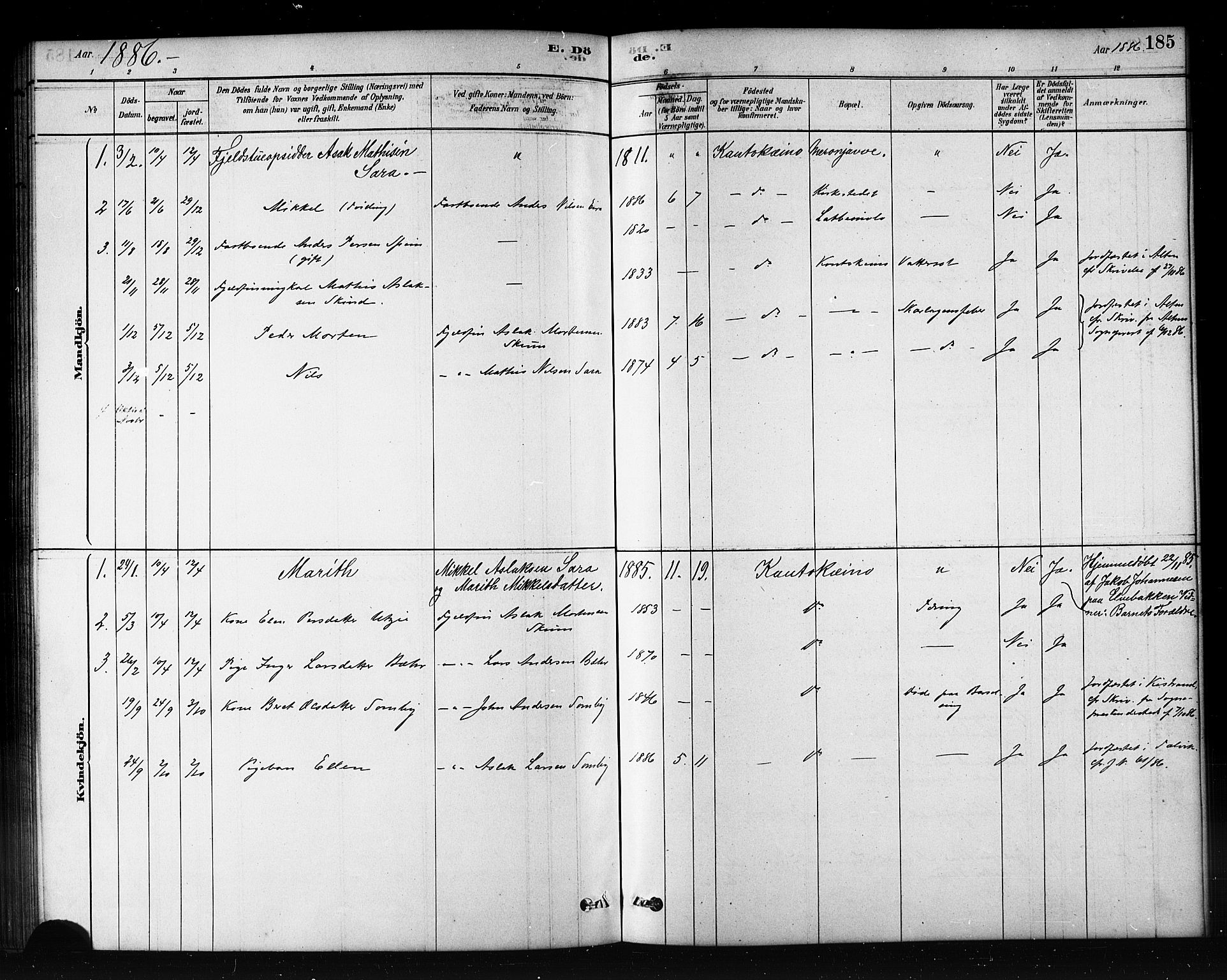 Kautokeino sokneprestembete, AV/SATØ-S-1340/H/Hb/L0002.klokk: Parish register (copy) no. 2, 1877-1896, p. 185