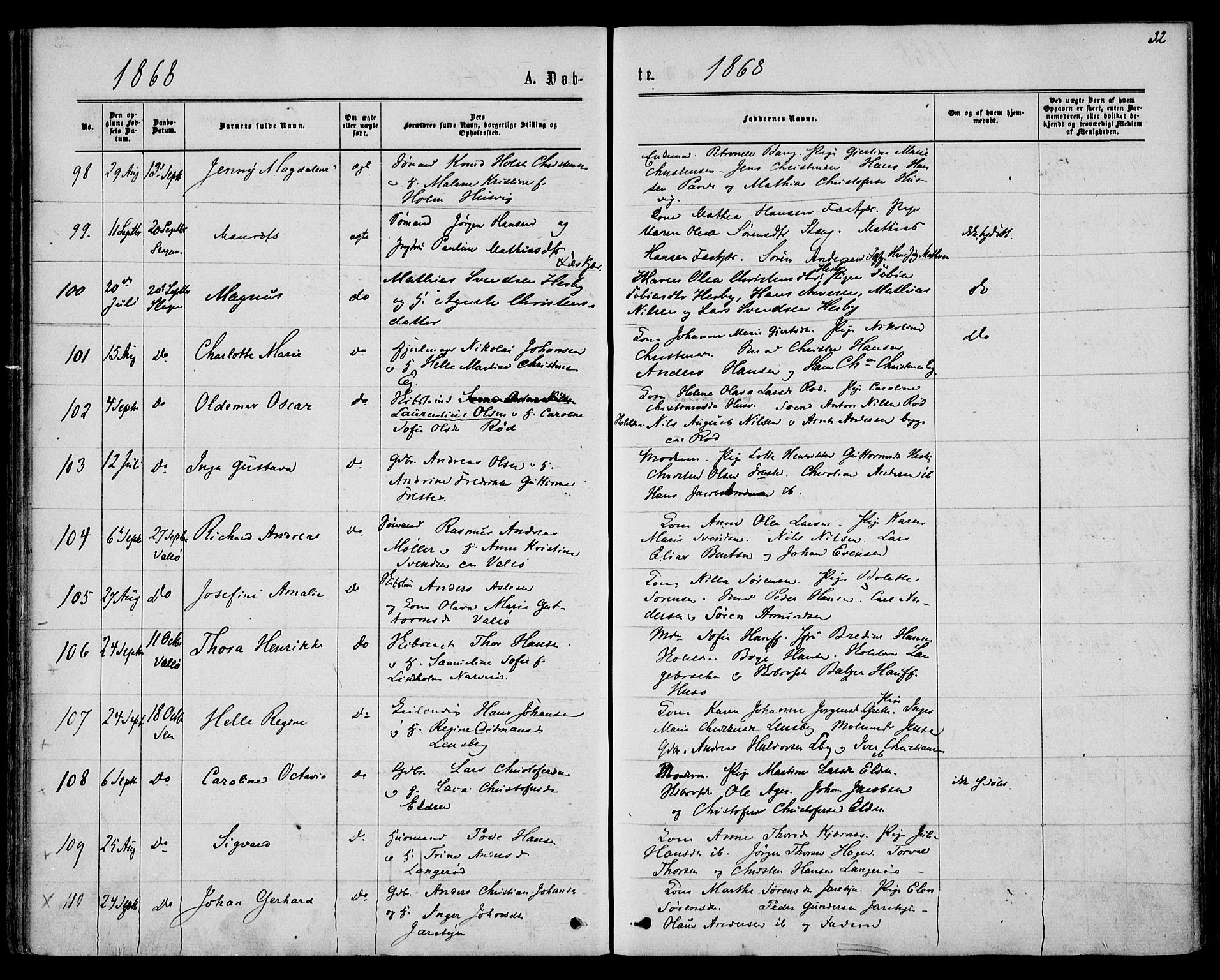 Sem kirkebøker, AV/SAKO-A-5/F/Fa/L0008: Parish register (official) no. I 8, 1866-1873, p. 32