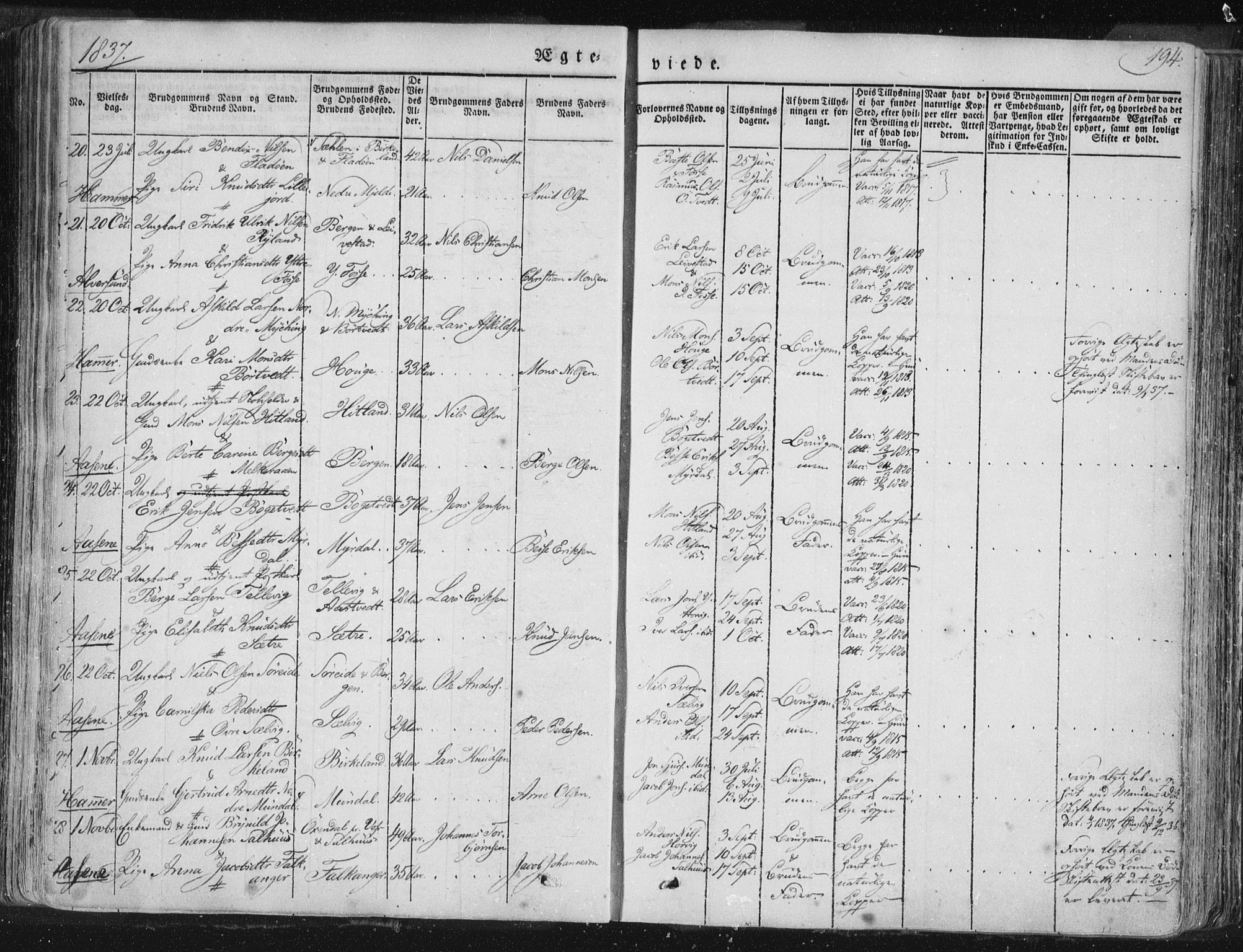 Hamre sokneprestembete, SAB/A-75501/H/Ha/Haa/Haaa/L0012: Parish register (official) no. A 12, 1834-1845, p. 194