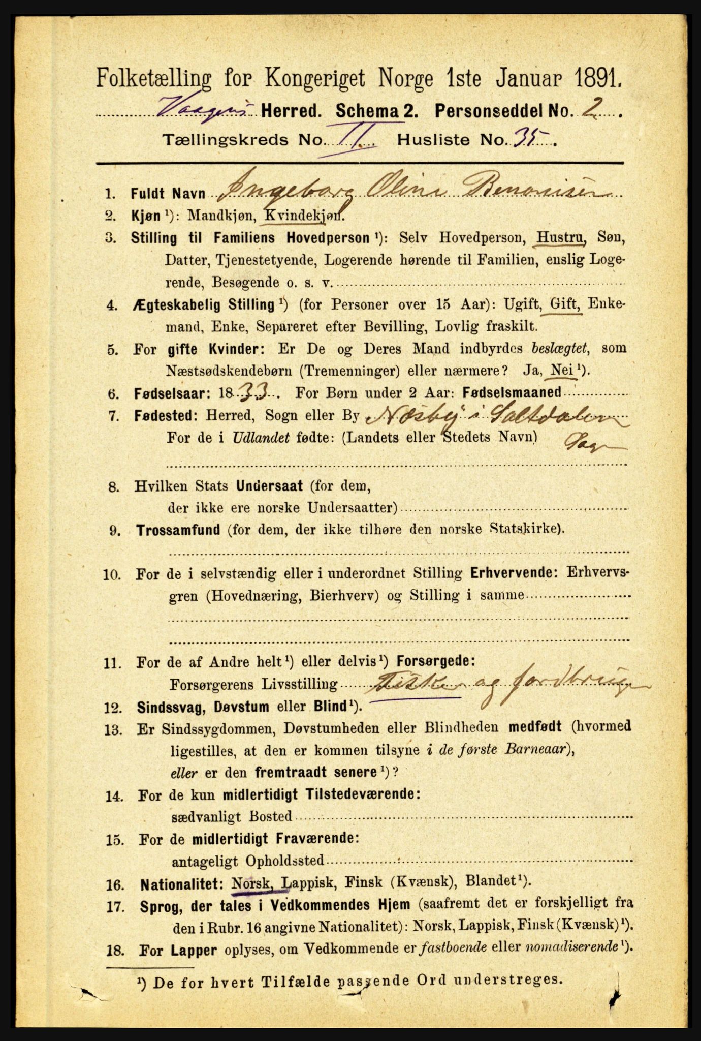 RA, 1891 census for 1865 Vågan, 1891, p. 655