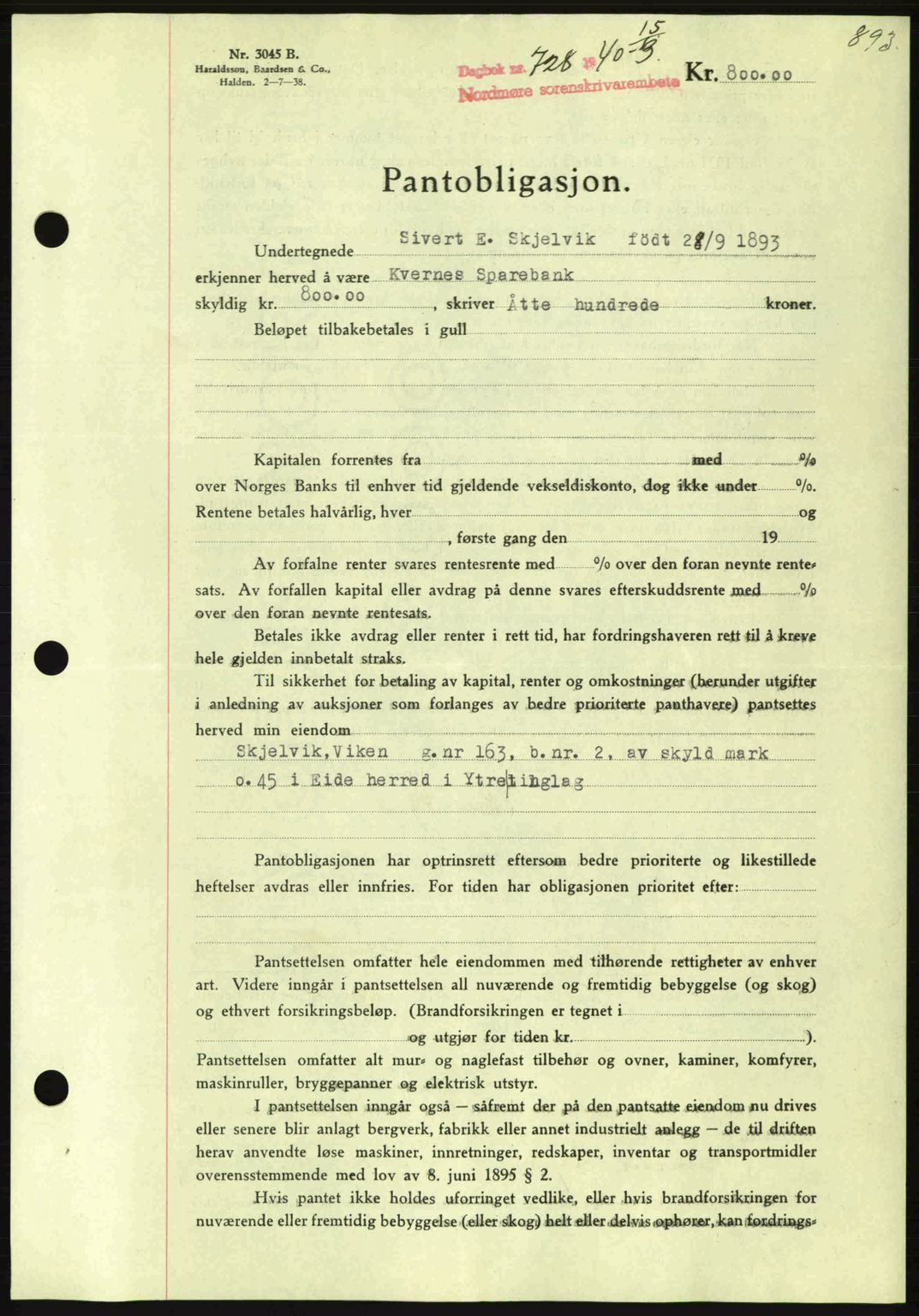 Nordmøre sorenskriveri, AV/SAT-A-4132/1/2/2Ca: Mortgage book no. B86, 1939-1940, Diary no: : 728/1940