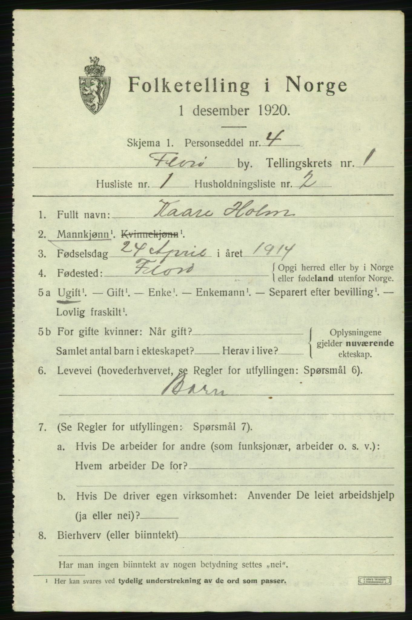 SAB, 1920 census for Florø, 1920, p. 1078