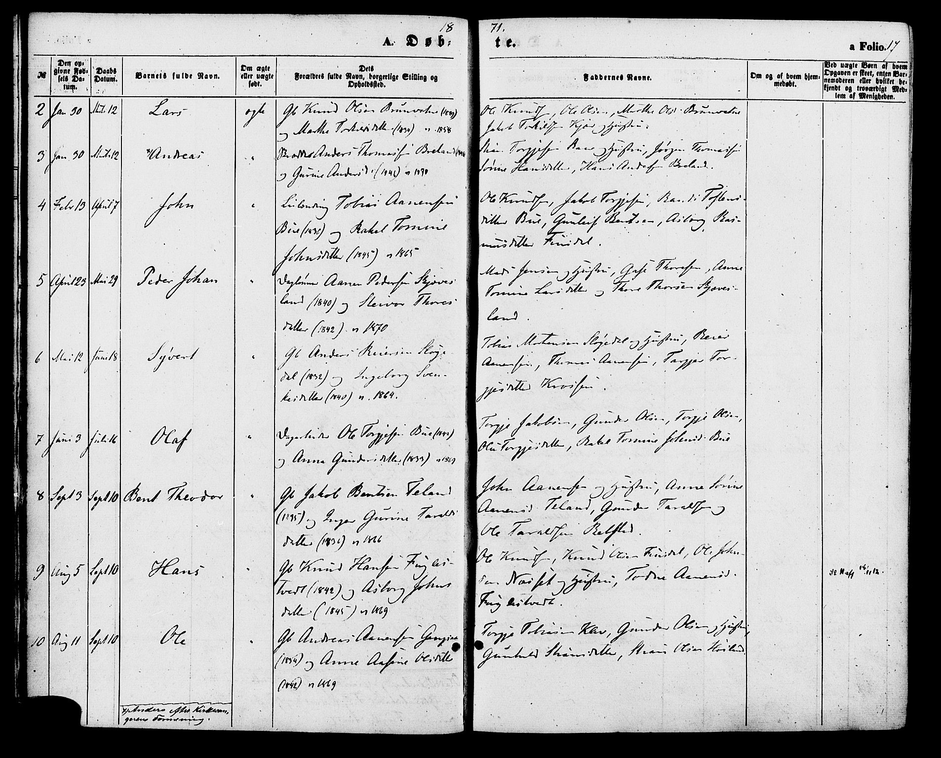 Holum sokneprestkontor, AV/SAK-1111-0022/F/Fa/Fac/L0003: Parish register (official) no. A 3, 1860-1883, p. 17