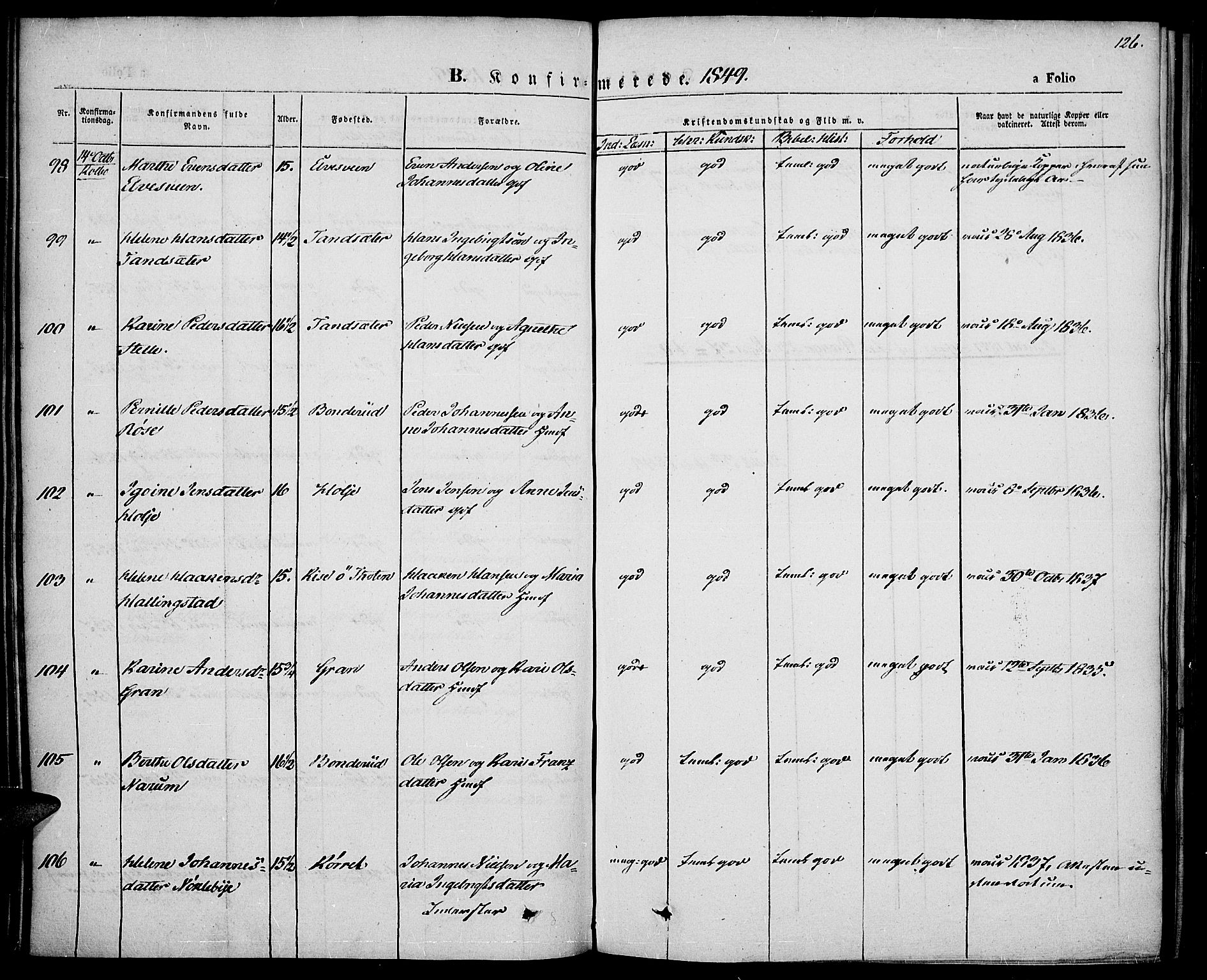 Vestre Toten prestekontor, AV/SAH-PREST-108/H/Ha/Haa/L0004: Parish register (official) no. 4, 1844-1849, p. 126