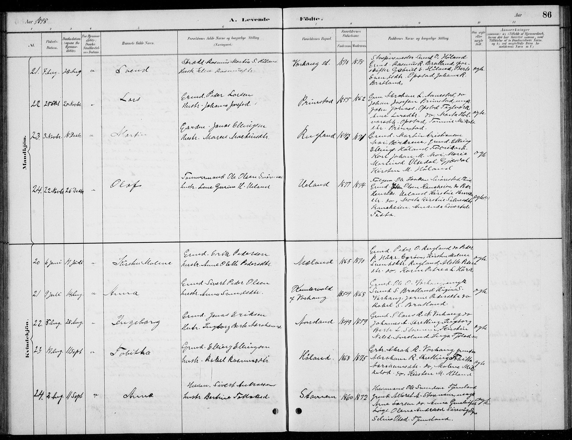 Hå sokneprestkontor, AV/SAST-A-101801/001/30BB/L0004: Parish register (copy) no. B 4, 1883-1899, p. 86