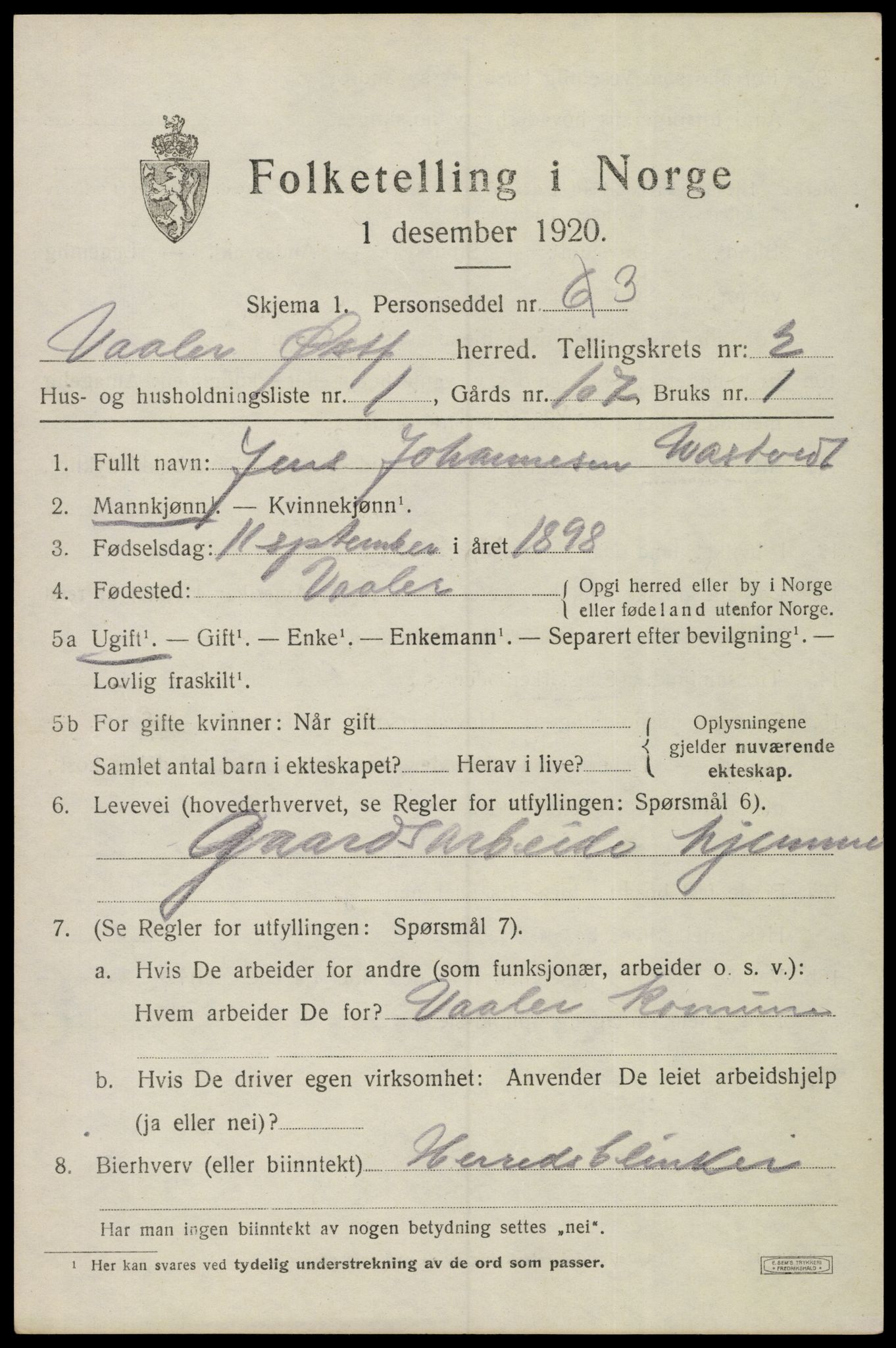 SAO, 1920 census for Våler, 1920, p. 1386