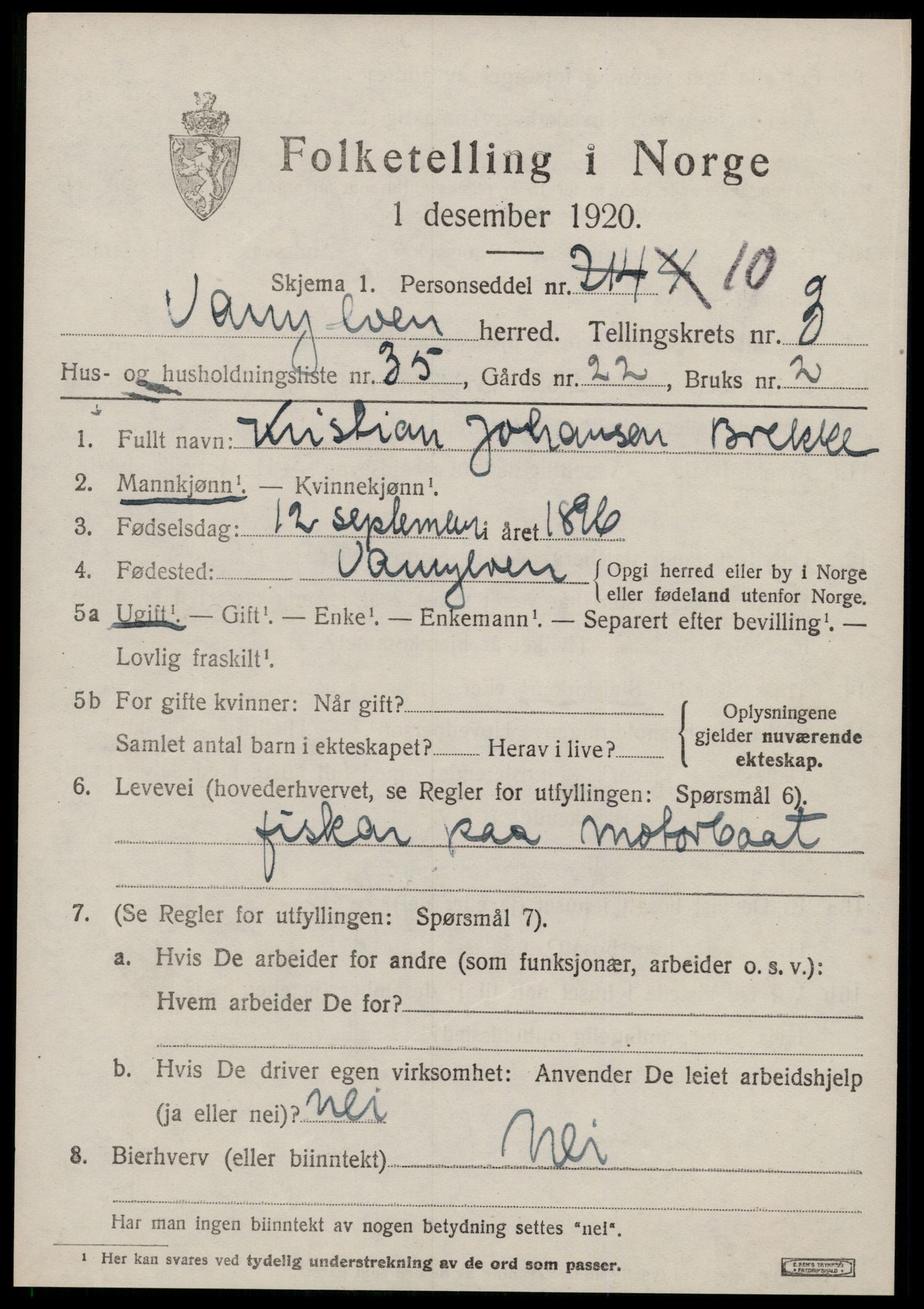 SAT, 1920 census for Vanylven, 1920, p. 2265