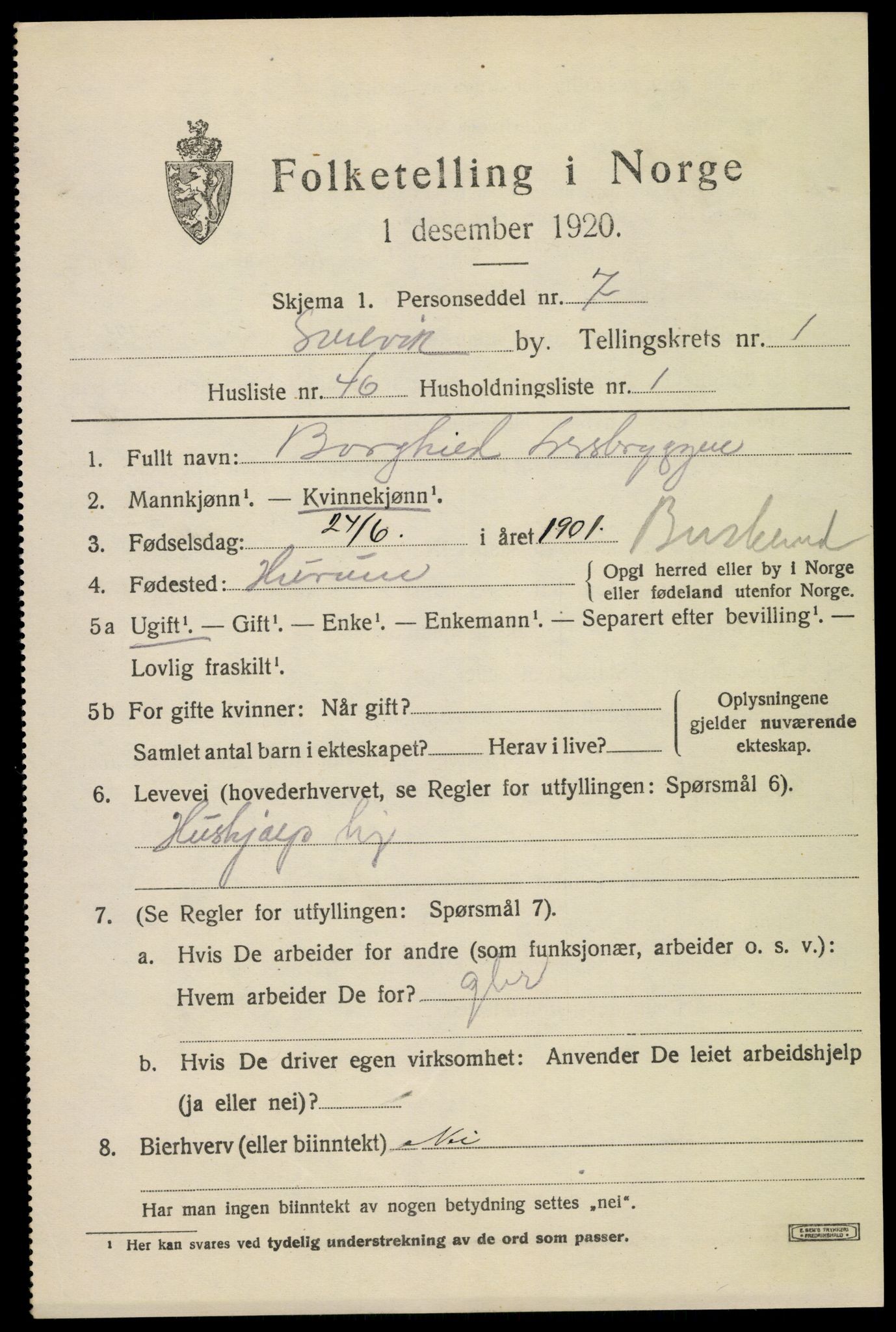 SAKO, 1920 census for Svelvik, 1920, p. 1685