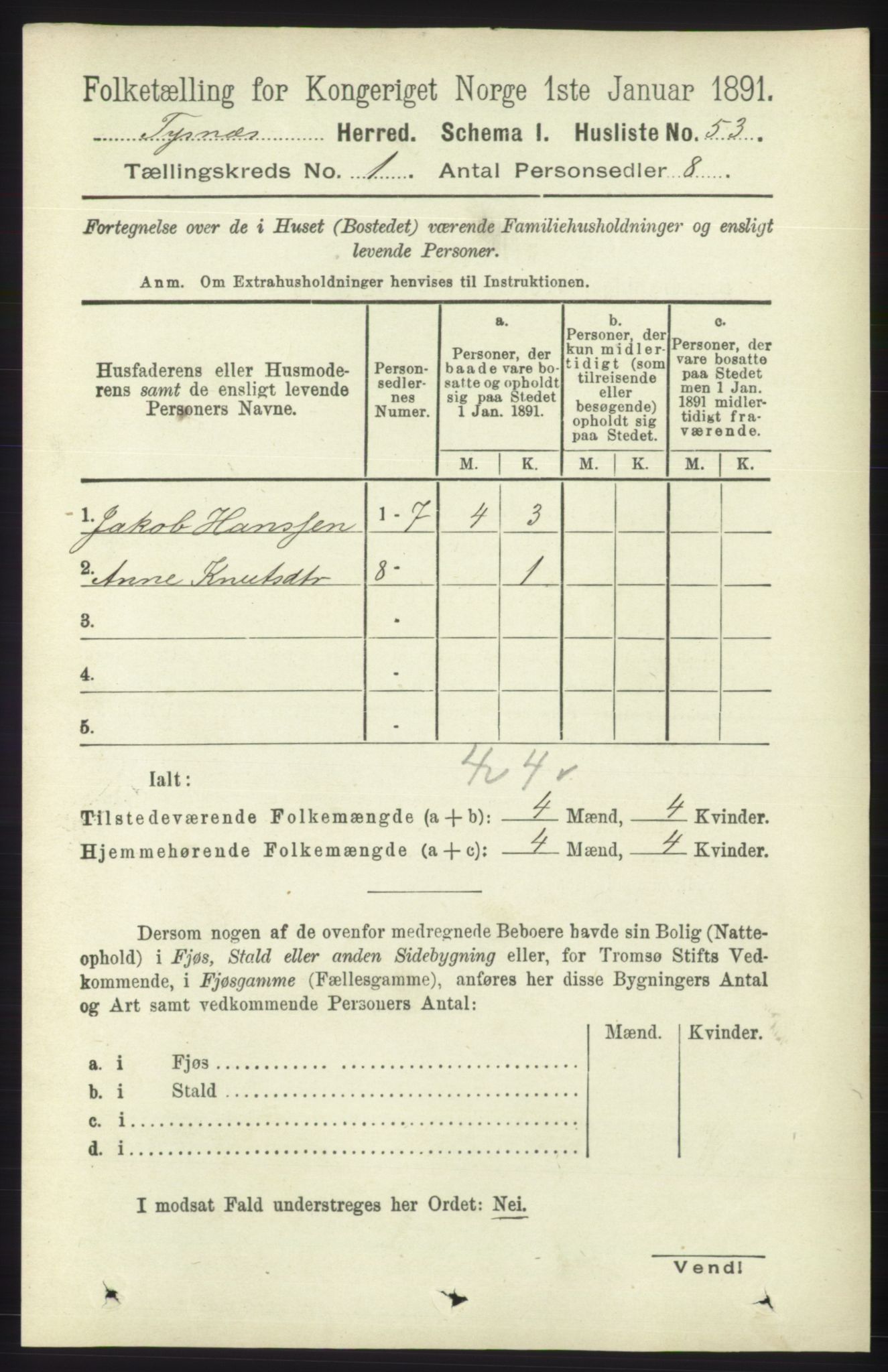 RA, 1891 census for 1223 Tysnes, 1891, p. 85