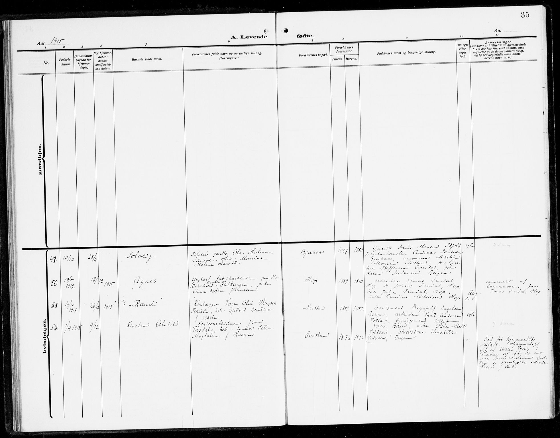 Fana Sokneprestembete, AV/SAB-A-75101/H/Haa/Haai/L0004: Parish register (official) no. I 4, 1912-1933, p. 35