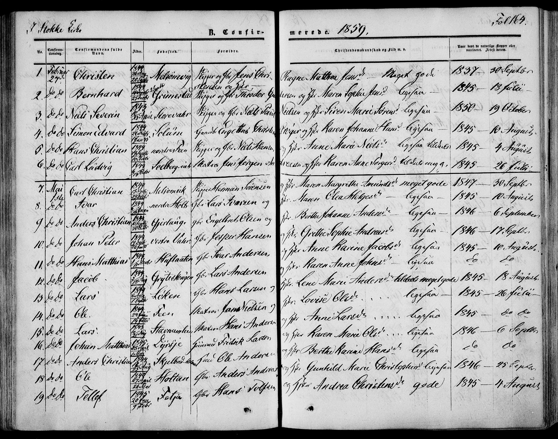 Stokke kirkebøker, AV/SAKO-A-320/F/Fa/L0008: Parish register (official) no. I 8, 1858-1871, p. 164