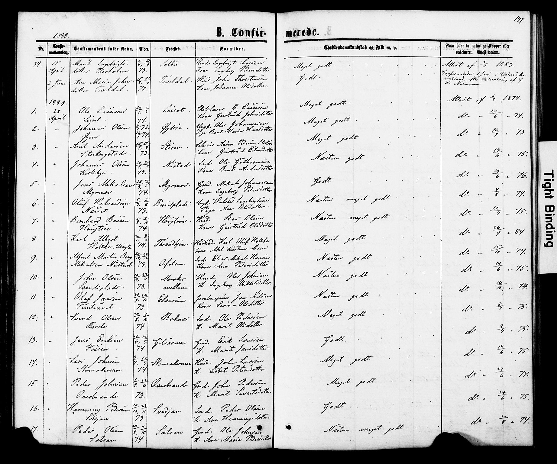 Ministerialprotokoller, klokkerbøker og fødselsregistre - Nord-Trøndelag, SAT/A-1458/706/L0049: Parish register (copy) no. 706C01, 1864-1895, p. 147