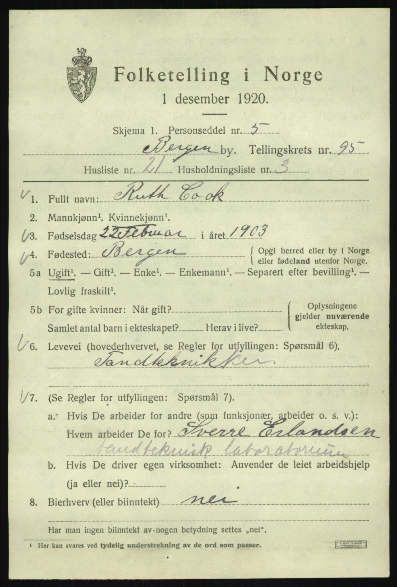 SAB, 1920 census for Bergen, 1920, p. 169813