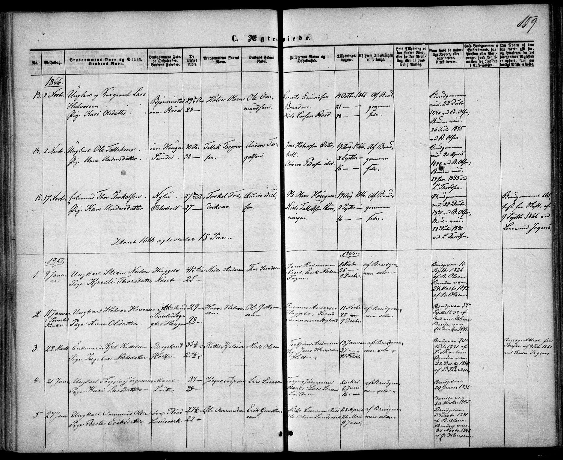 Gjerstad sokneprestkontor, AV/SAK-1111-0014/F/Fa/Faa/L0007: Parish register (official) no. A 7, 1858-1875, p. 159