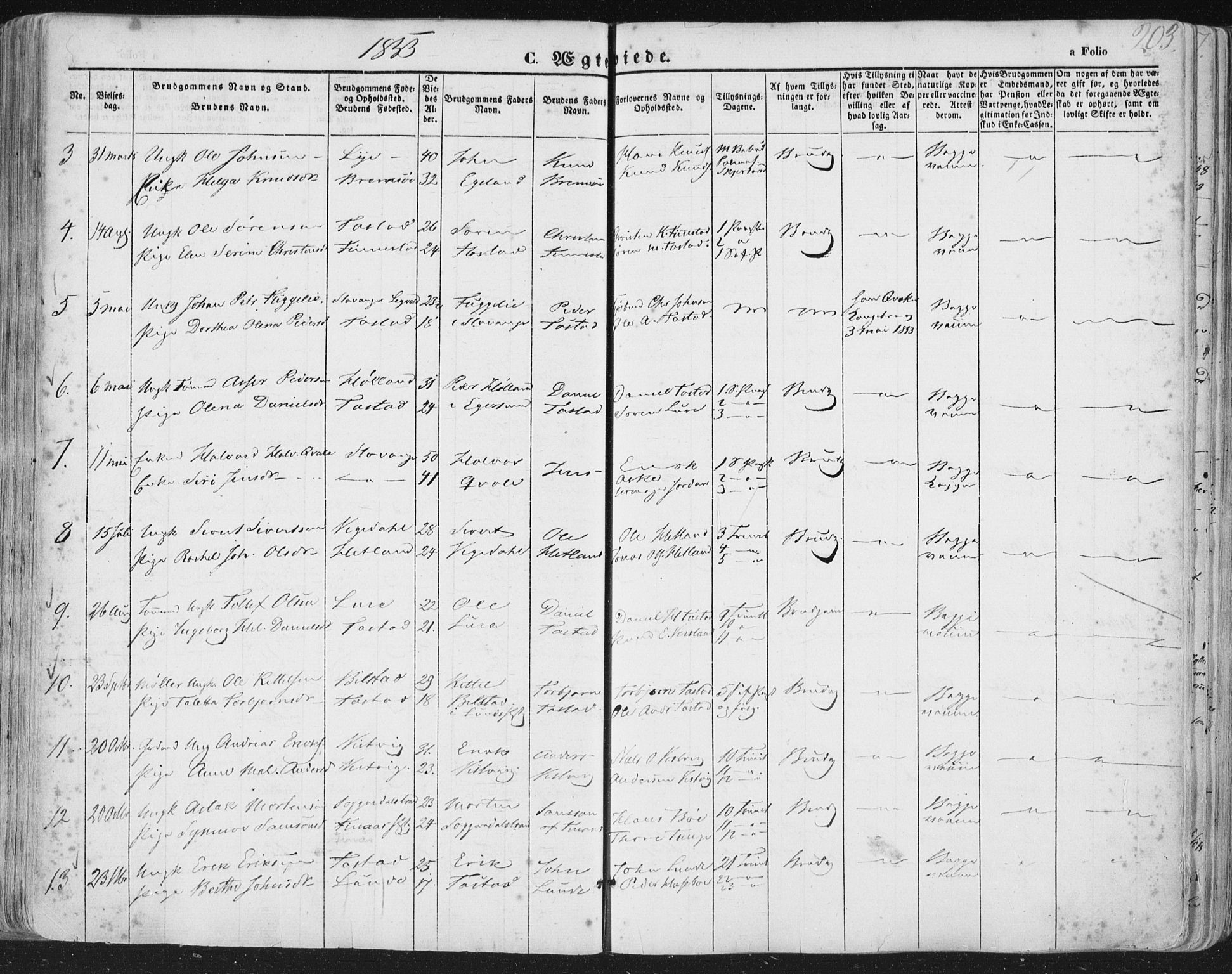 Hetland sokneprestkontor, AV/SAST-A-101826/30/30BA/L0002: Parish register (official) no. A 2, 1849-1869, p. 203