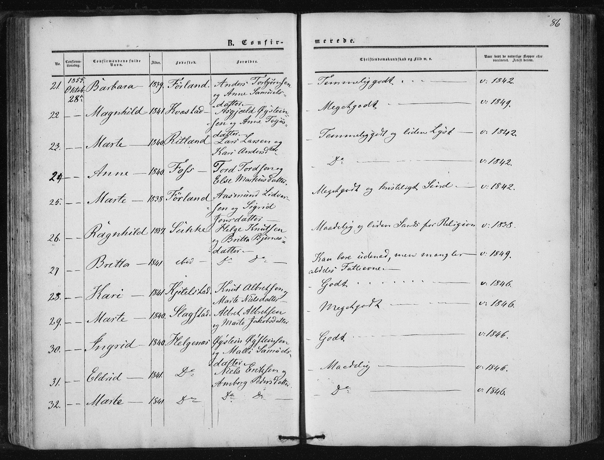 Suldal sokneprestkontor, AV/SAST-A-101845/01/IV/L0009: Parish register (official) no. A 9, 1854-1868, p. 86