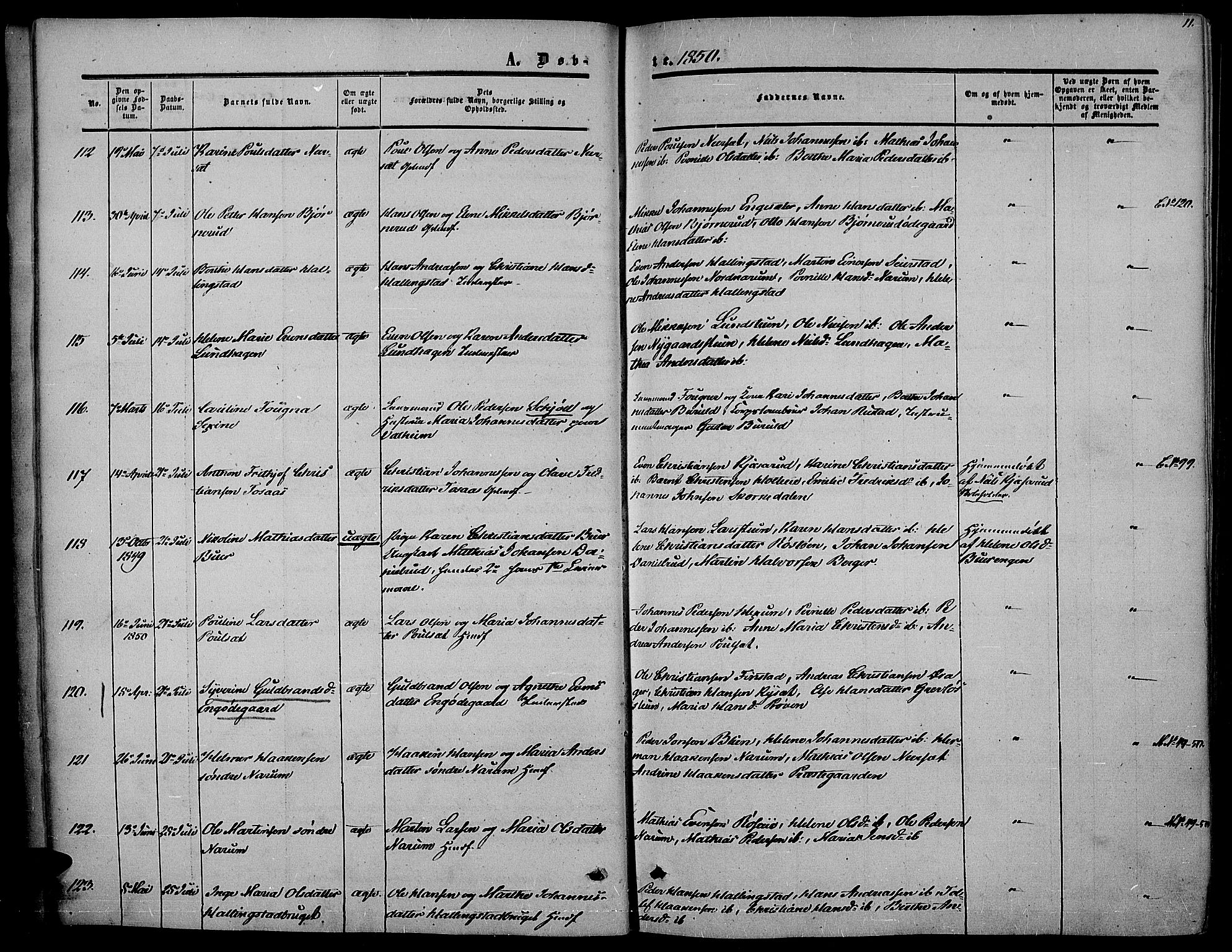 Vestre Toten prestekontor, AV/SAH-PREST-108/H/Ha/Haa/L0005: Parish register (official) no. 5, 1850-1855, p. 11