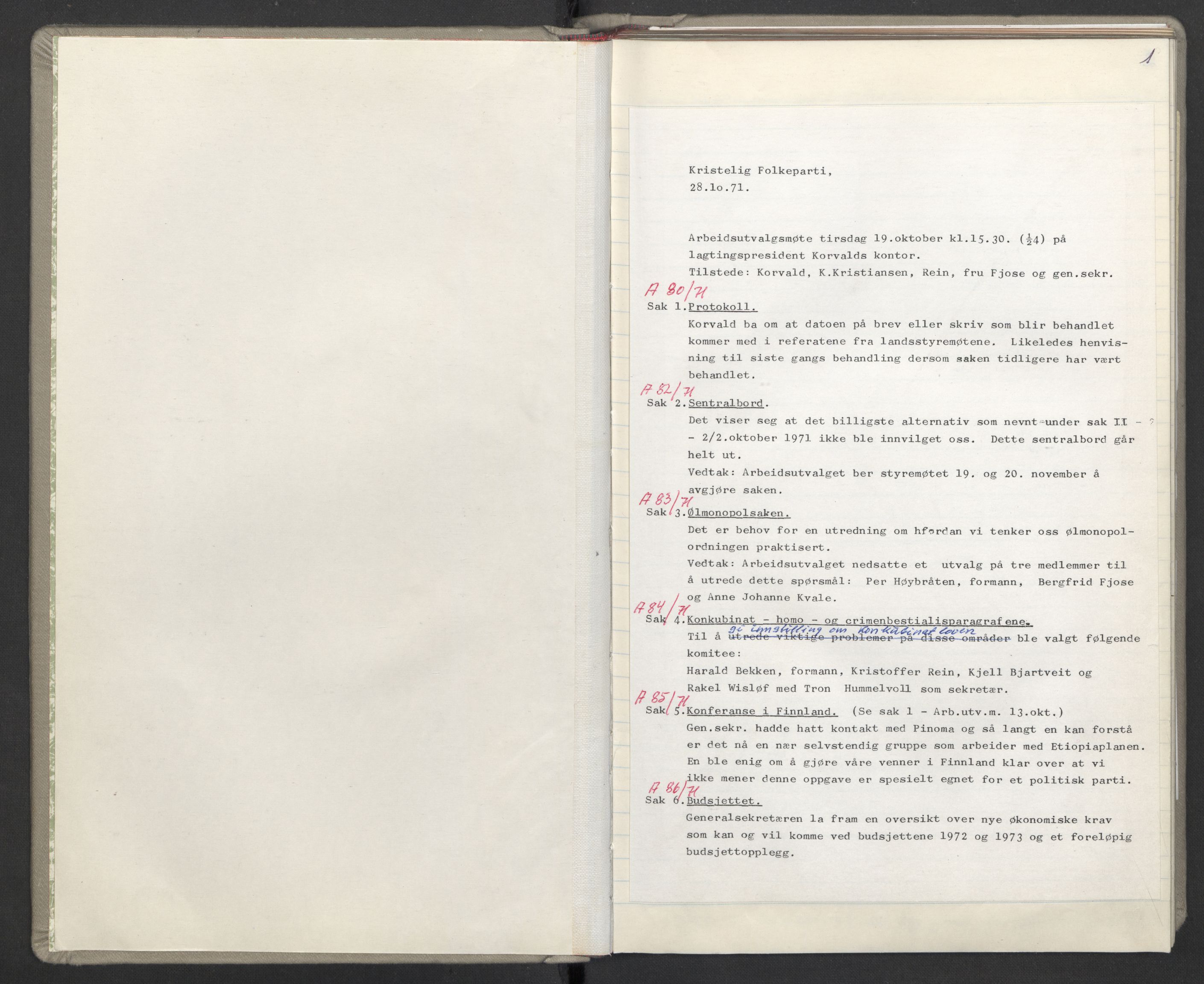 Kristelig Folkeparti, RA/PA-0621/F/Fk/L0052/0001: -- / 1. Protokoller st.møter, Landsmøter, AU, landsstyremøter, 1971-1975, p. 1