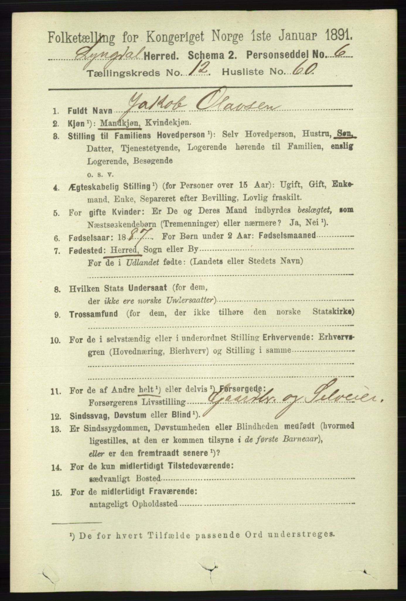 RA, 1891 census for 1032 Lyngdal, 1891, p. 5553