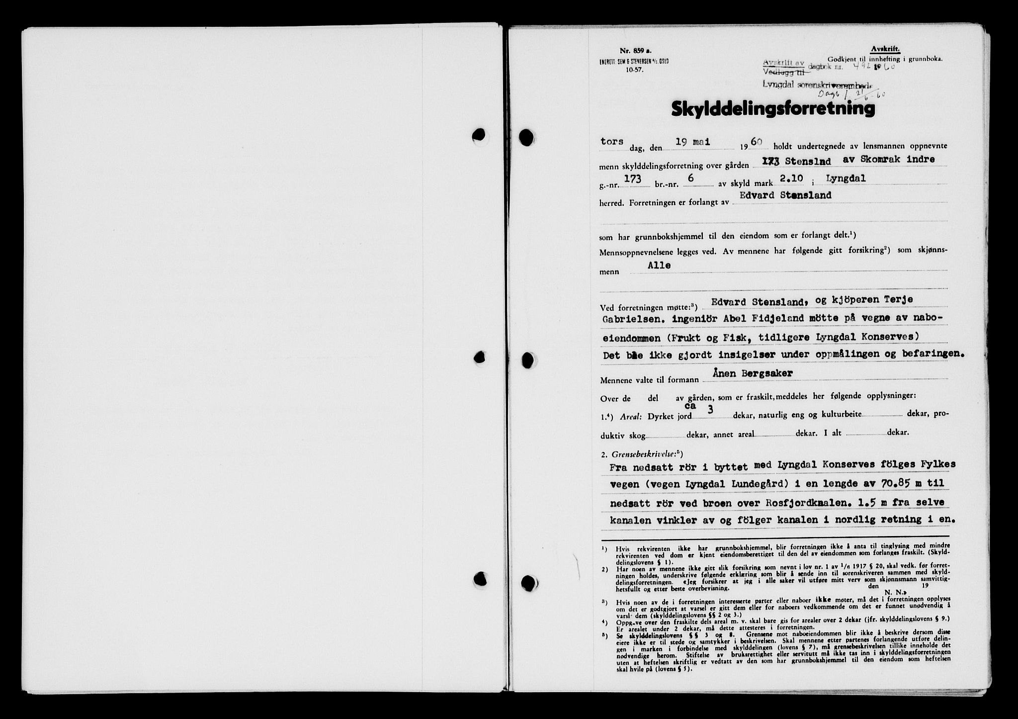 Lyngdal sorenskriveri, AV/SAK-1221-0004/G/Gb/L0680: Mortgage book no. A XXVI, 1960-1960, Diary no: : 492/1960