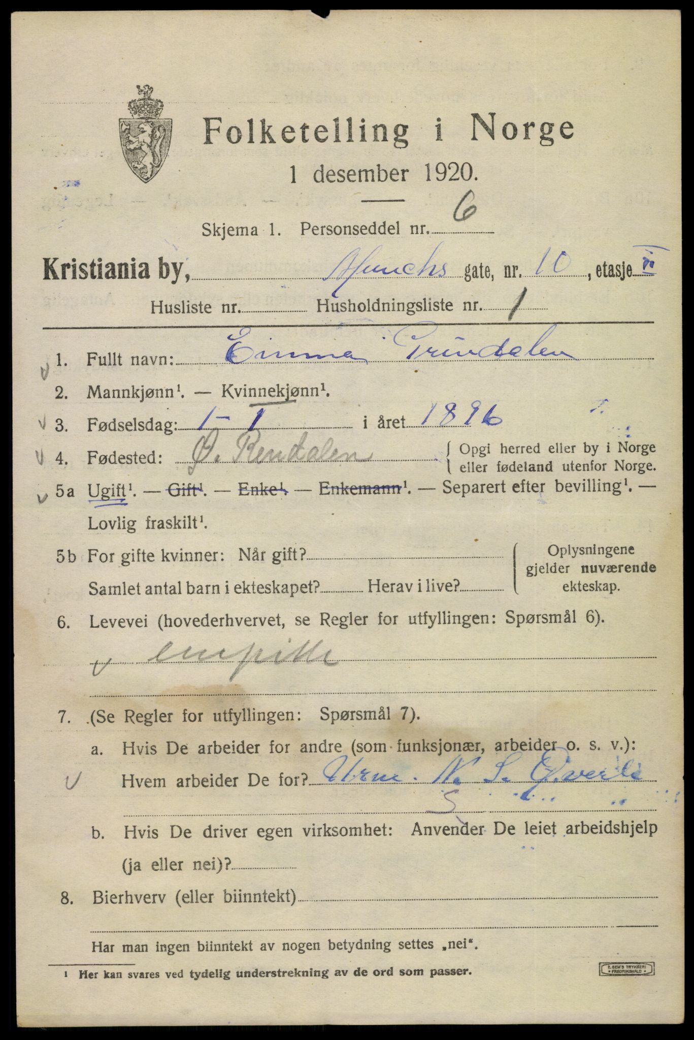 SAO, 1920 census for Kristiania, 1920, p. 400407