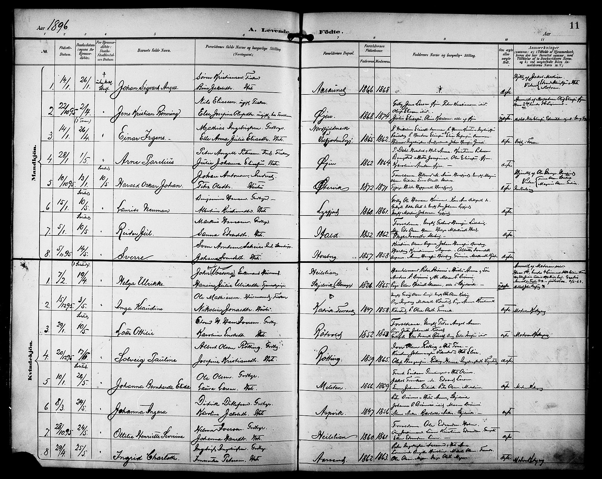 Ministerialprotokoller, klokkerbøker og fødselsregistre - Nordland, AV/SAT-A-1459/810/L0152: Parish register (official) no. 810A11, 1895-1899, p. 11