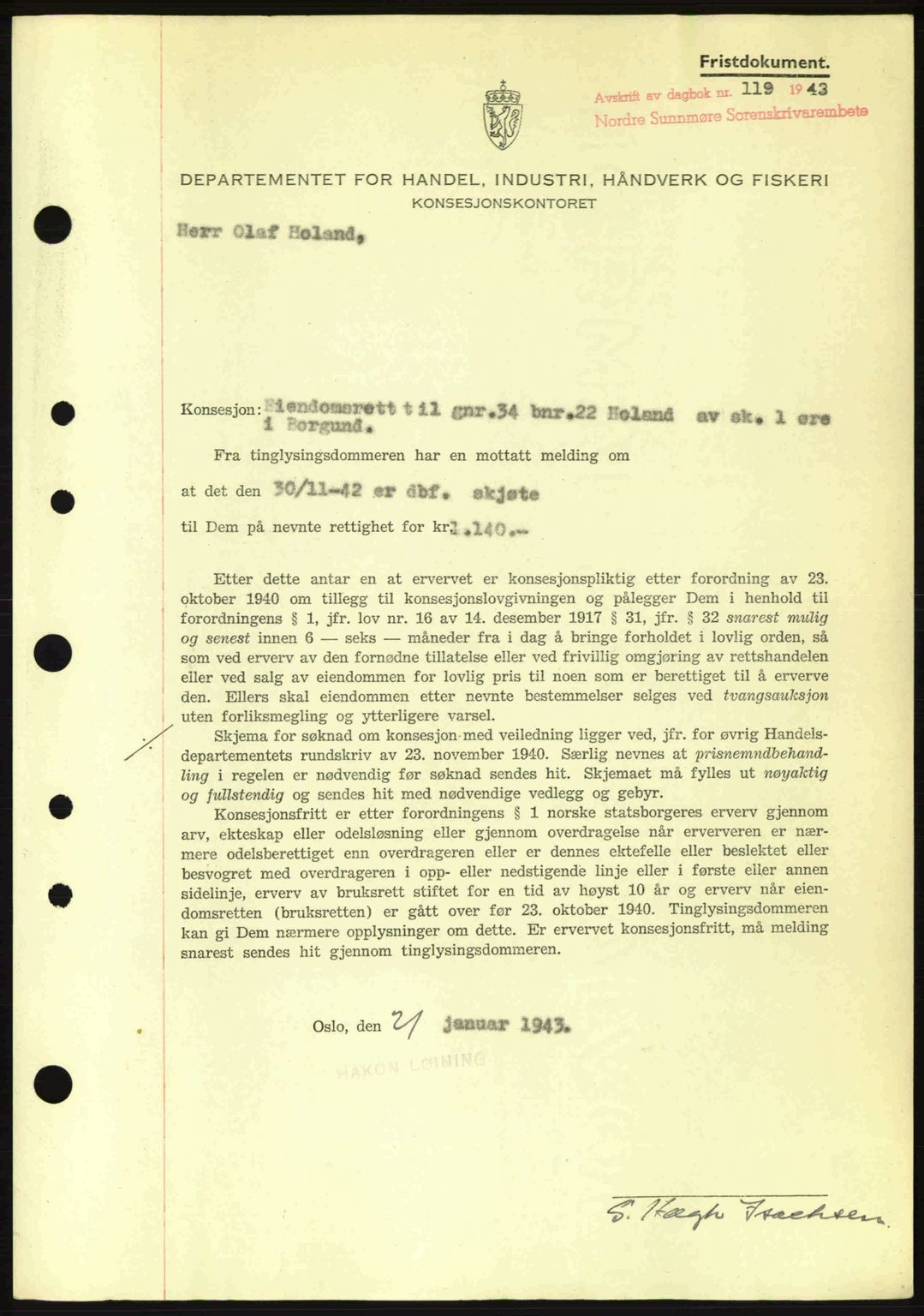 Nordre Sunnmøre sorenskriveri, SAT/A-0006/1/2/2C/2Ca: Mortgage book no. B6-14 a, 1942-1945, Diary no: : 119/1943