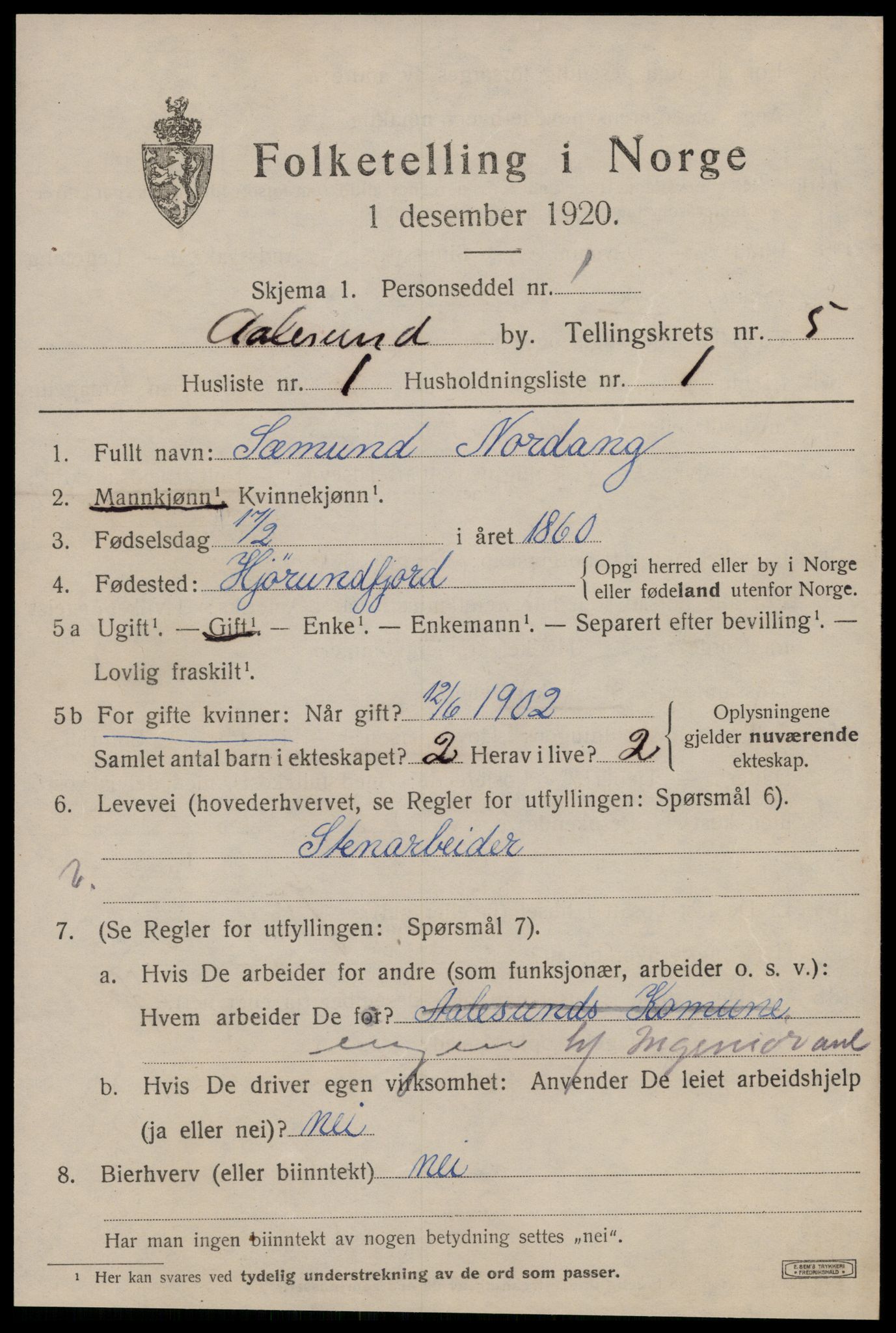 SAT, 1920 census for Ålesund, 1920, p. 16010