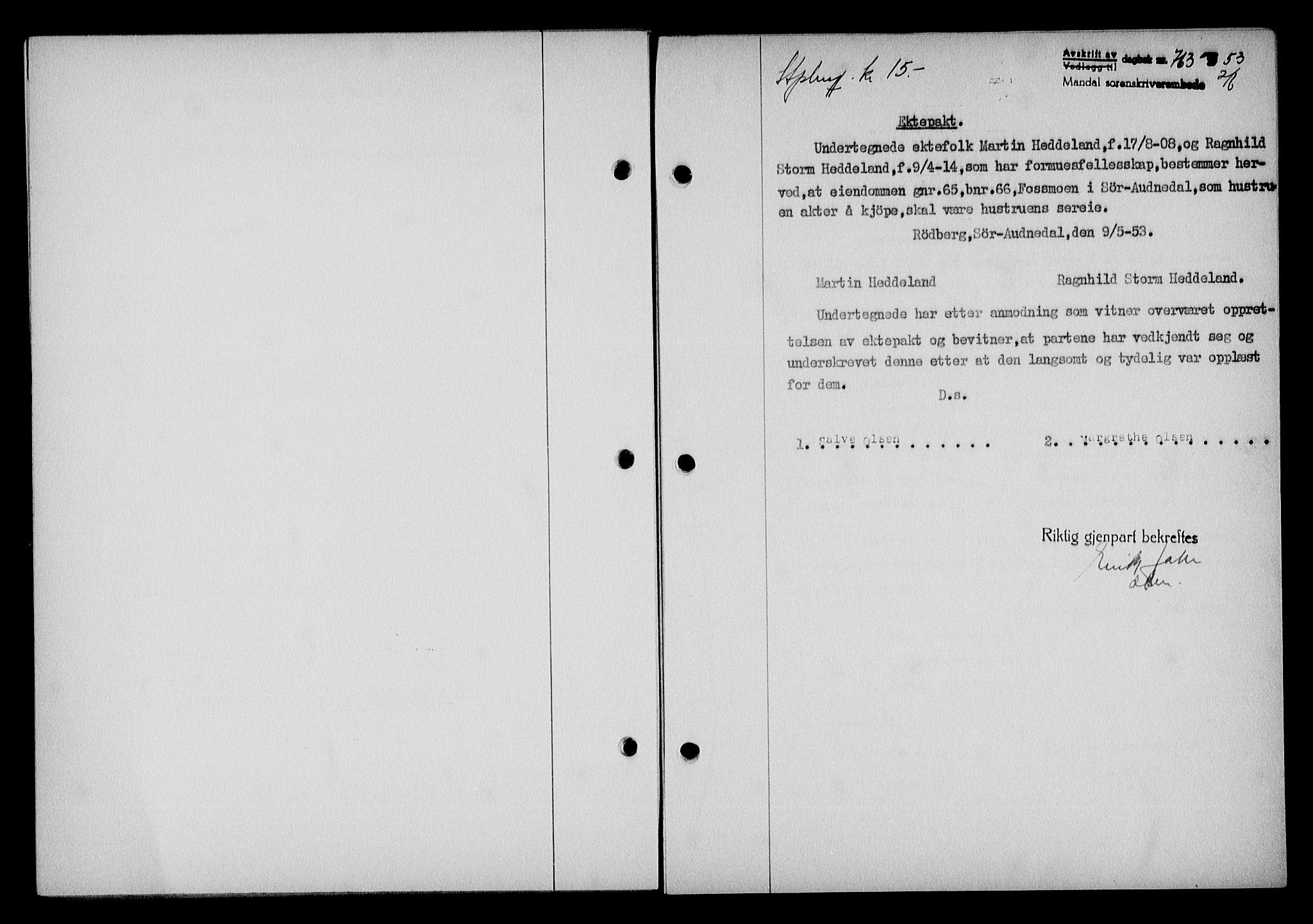 Mandal sorenskriveri, SAK/1221-0005/001/G/Gb/Gba/L0087: Mortgage book no. A-24, 1953-1953, Diary no: : 763/1953