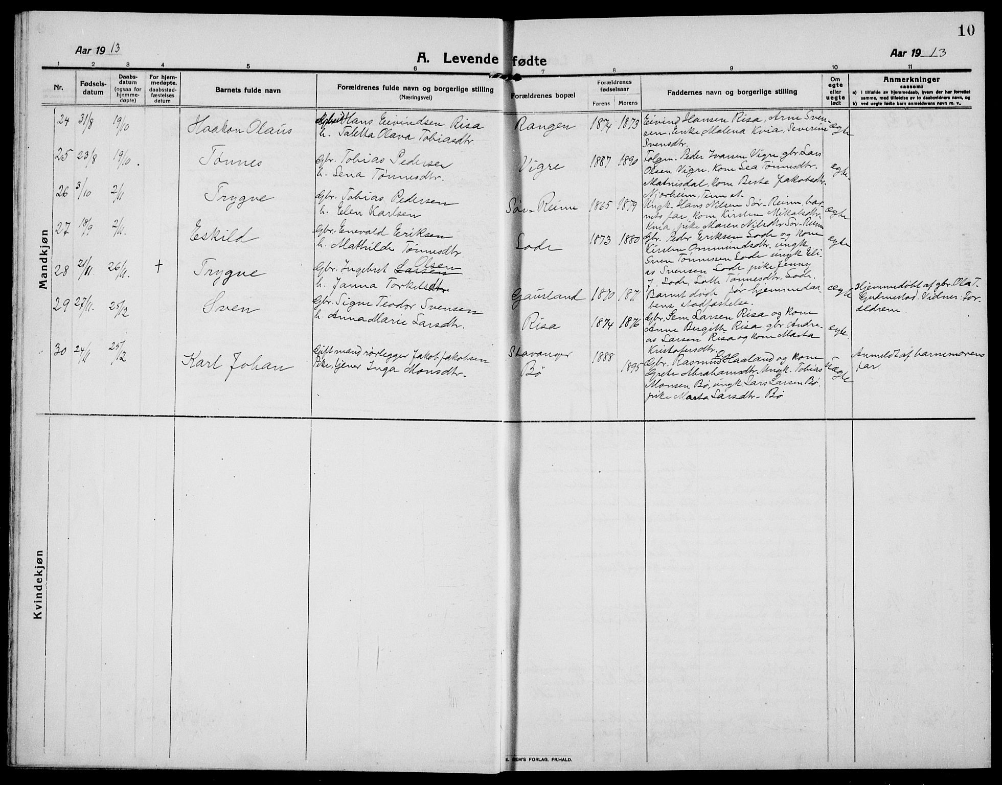Hå sokneprestkontor, SAST/A-101801/001/30BB/L0007: Parish register (copy) no. B 7, 1912-1939, p. 10