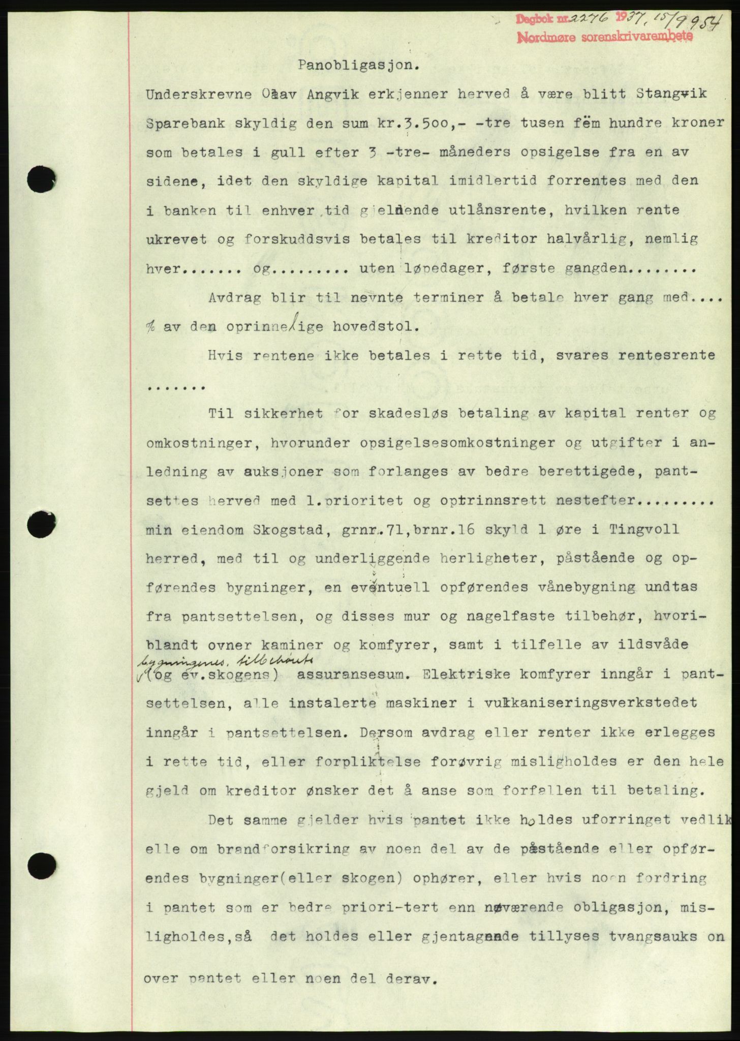 Nordmøre sorenskriveri, AV/SAT-A-4132/1/2/2Ca/L0091: Mortgage book no. B81, 1937-1937, Diary no: : 2276/1937