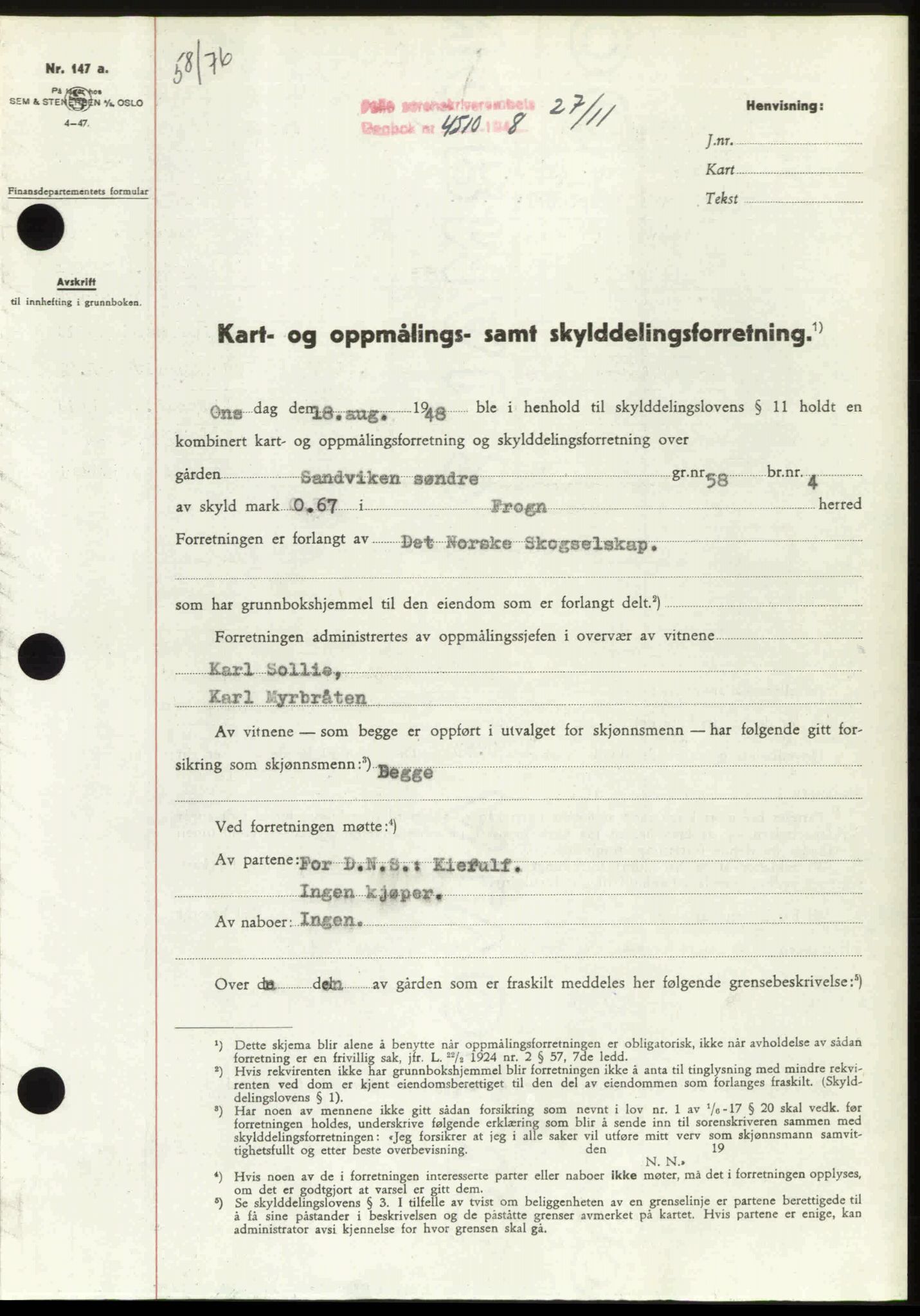 Follo sorenskriveri, SAO/A-10274/G/Ga/Gaa/L0085: Mortgage book no. I 85, 1948-1948, Diary no: : 4510/1948