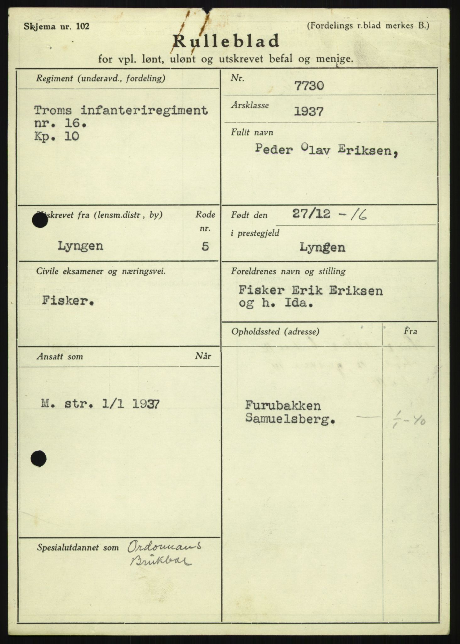 Forsvaret, Troms infanteriregiment nr. 16, AV/RA-RAFA-3146/P/Pa/L0021: Rulleblad for regimentets menige mannskaper, årsklasse 1937, 1937, p. 141