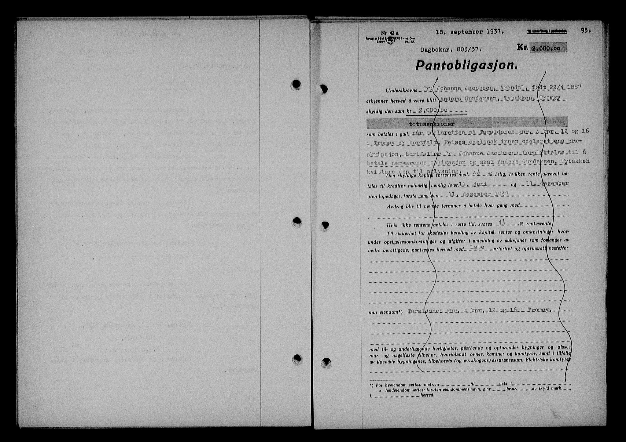 Nedenes sorenskriveri, SAK/1221-0006/G/Gb/Gba/L0044: Mortgage book no. 40, 1937-1938, Diary no: : 805/1937