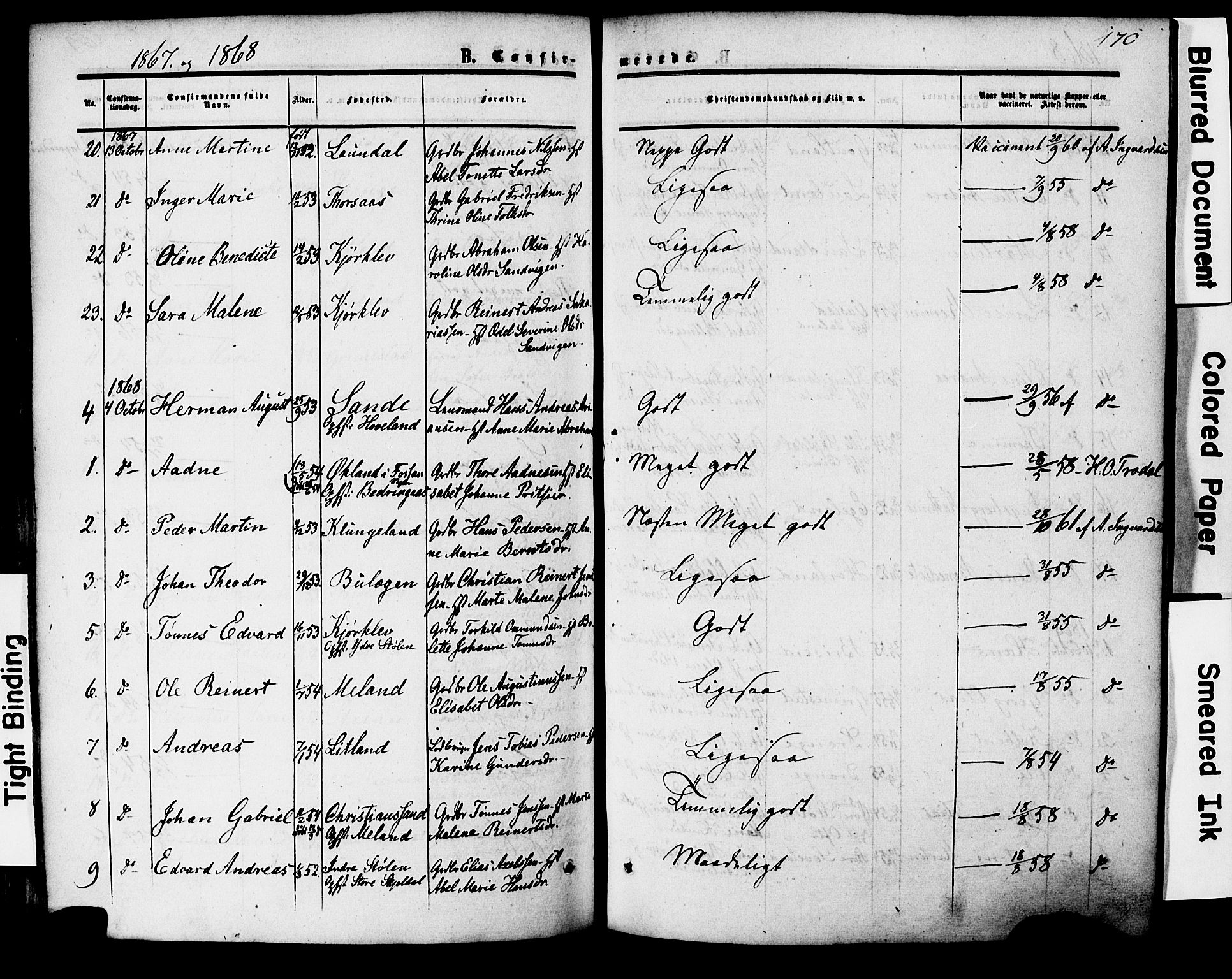Herad sokneprestkontor, SAK/1111-0018/F/Fa/Faa/L0005: Parish register (official) no. A 5, 1853-1886, p. 170