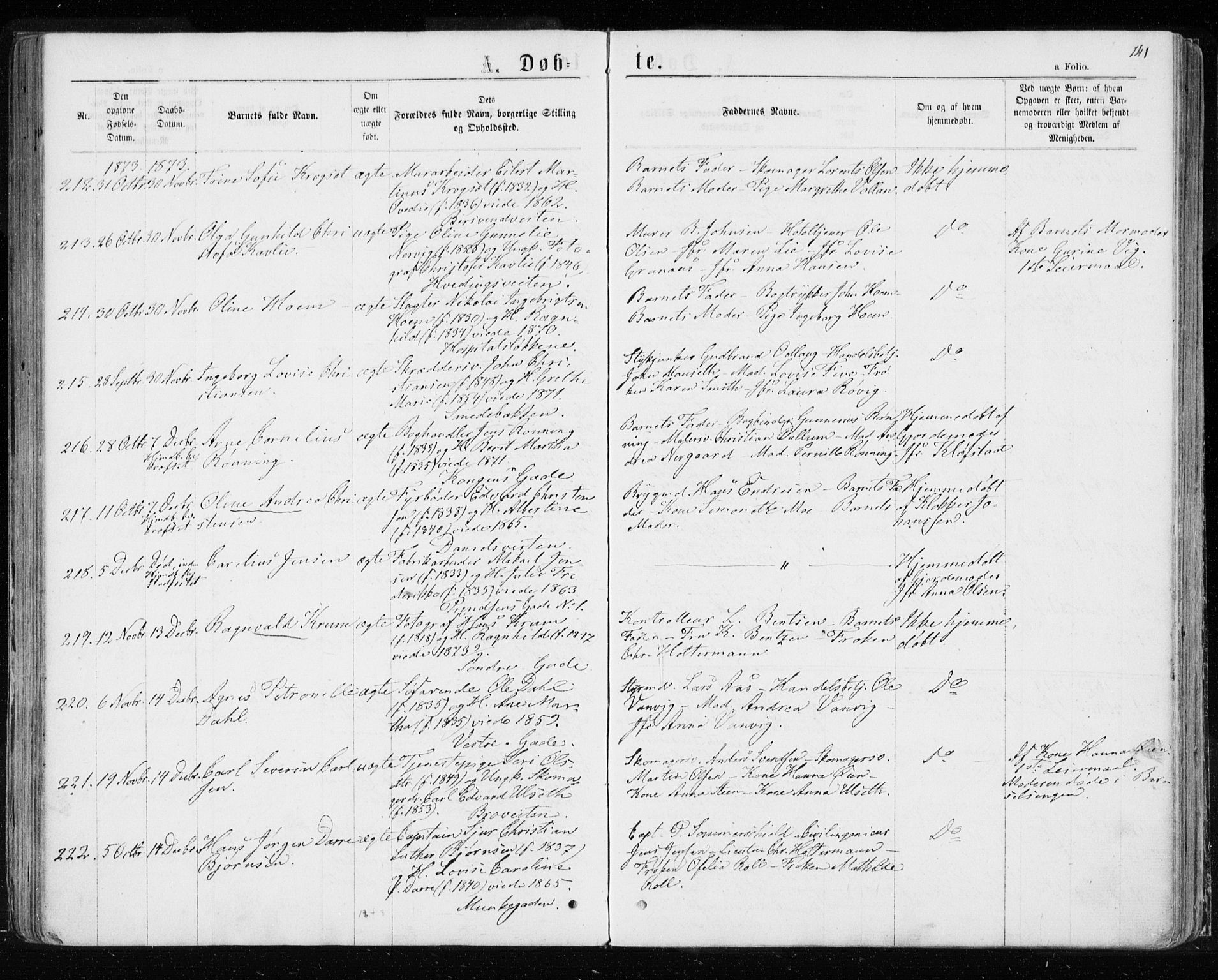 Ministerialprotokoller, klokkerbøker og fødselsregistre - Sør-Trøndelag, SAT/A-1456/601/L0054: Parish register (official) no. 601A22, 1866-1877, p. 141