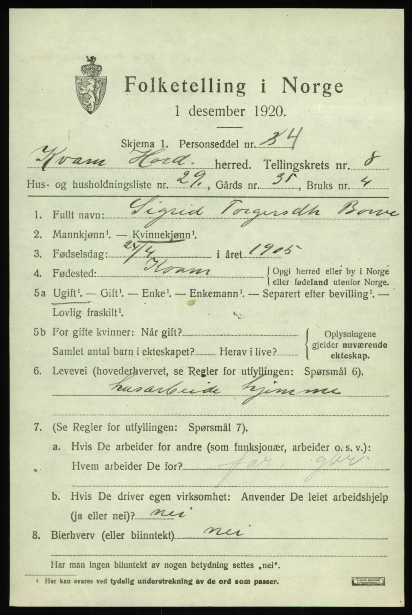 SAB, 1920 census for Kvam, 1920, p. 5417