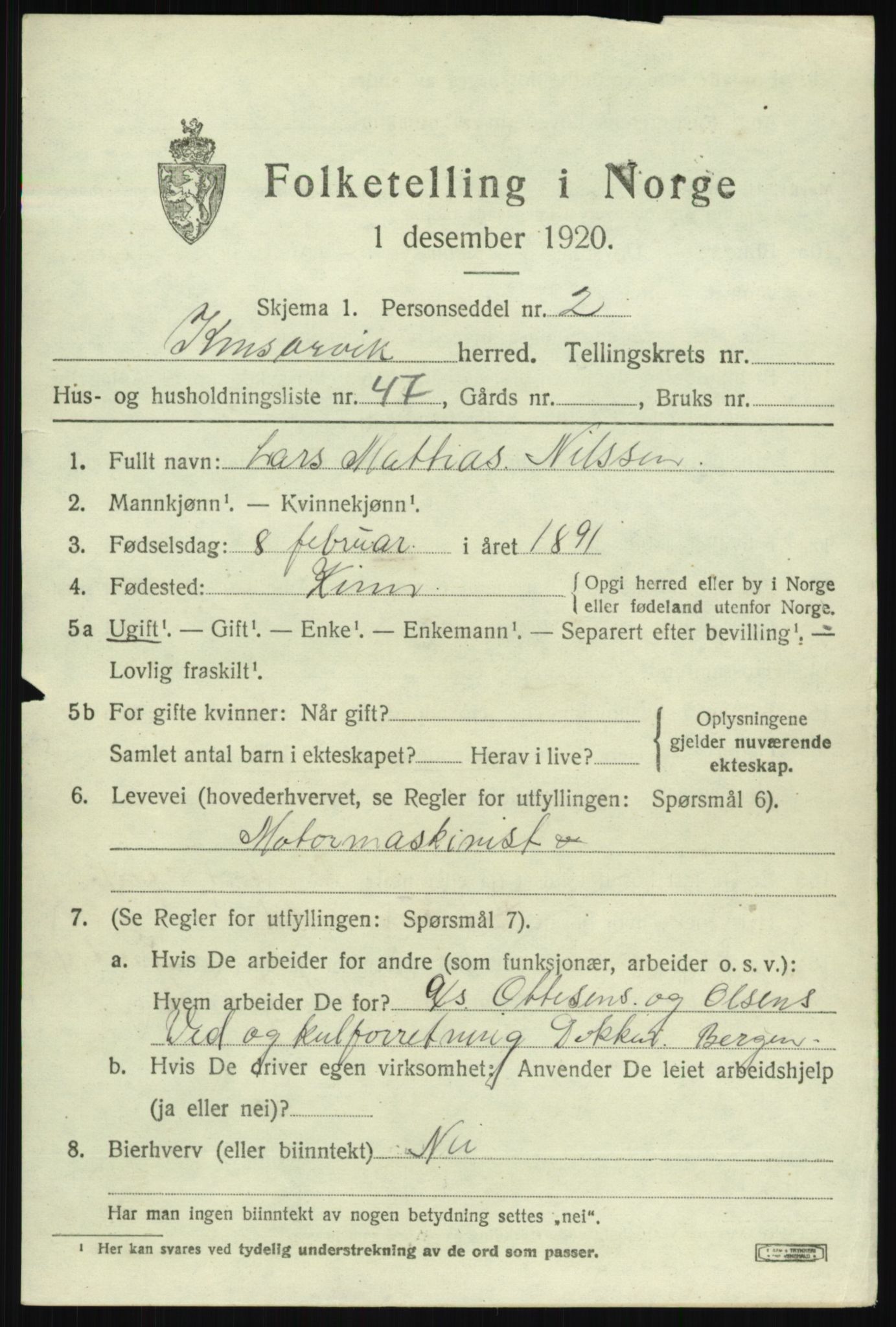 SAB, 1920 census for Kinsarvik, 1920, p. 3590