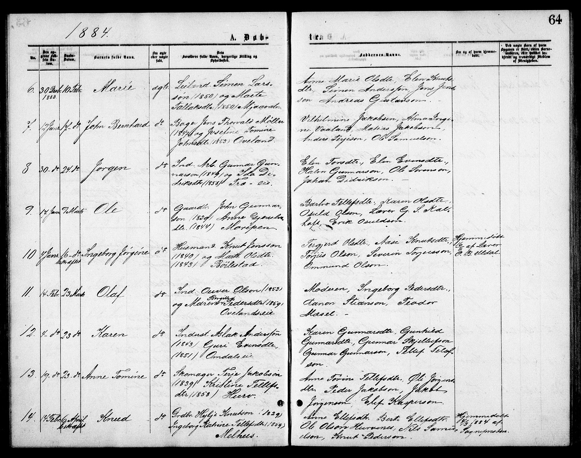 Froland sokneprestkontor, AV/SAK-1111-0013/F/Fb/L0009: Parish register (copy) no. B 9, 1875-1893, p. 64