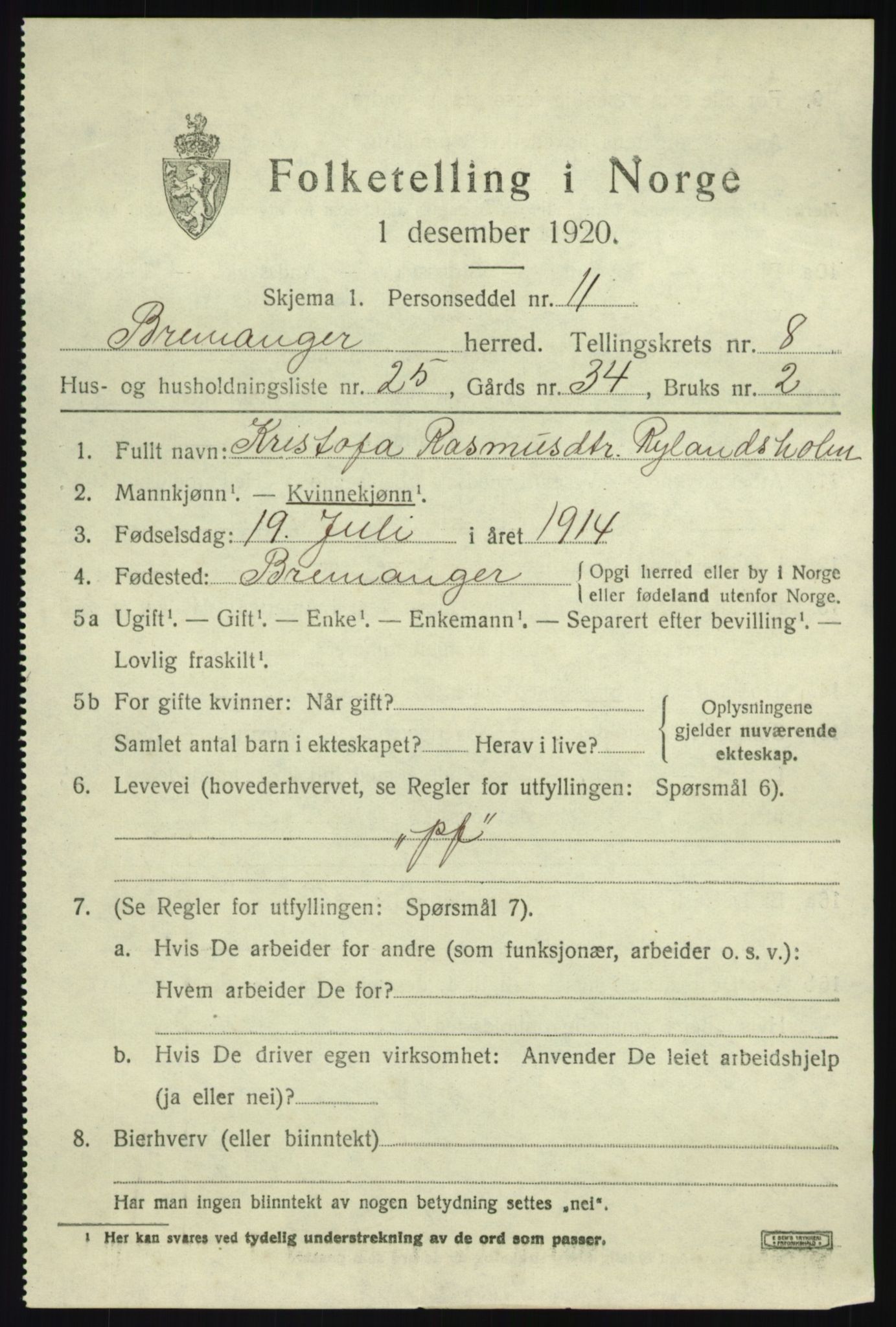 SAB, 1920 census for Bremanger, 1920, p. 5120