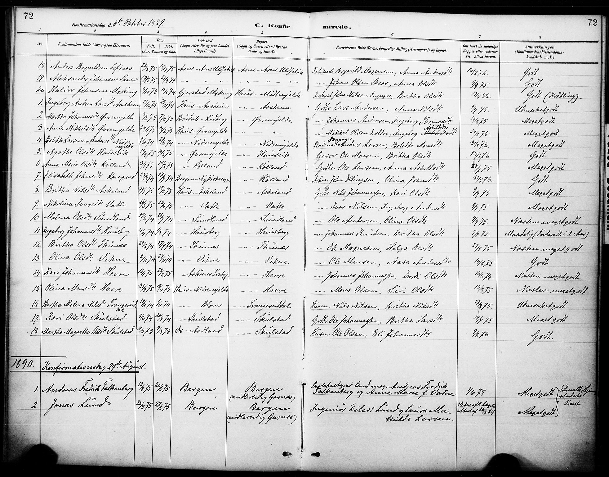 Haus sokneprestembete, AV/SAB-A-75601/H/Haa: Parish register (official) no. B 1, 1887-1898, p. 72