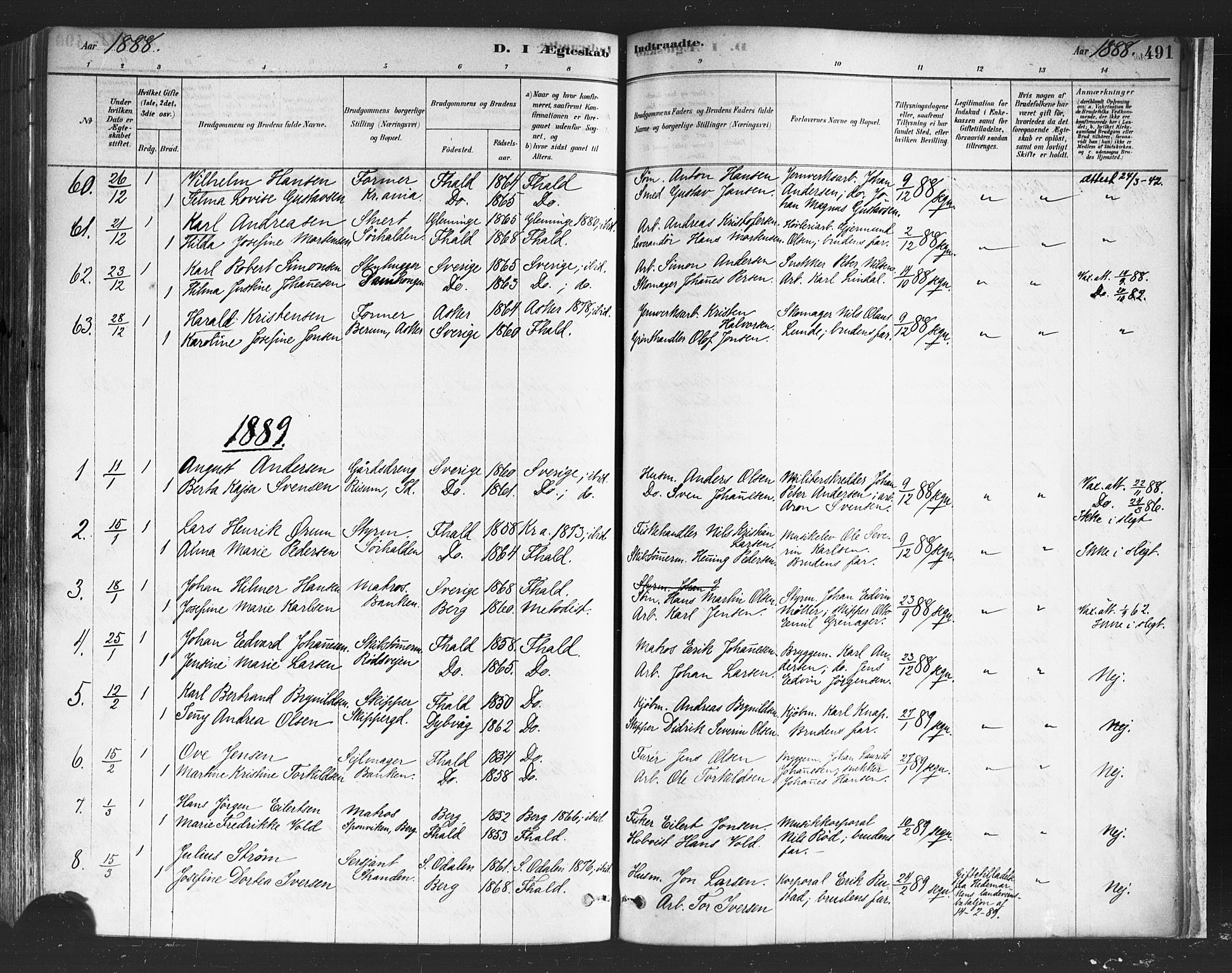 Halden prestekontor Kirkebøker, SAO/A-10909/F/Fa/L0011: Parish register (official) no. I 11, 1878-1889, p. 491