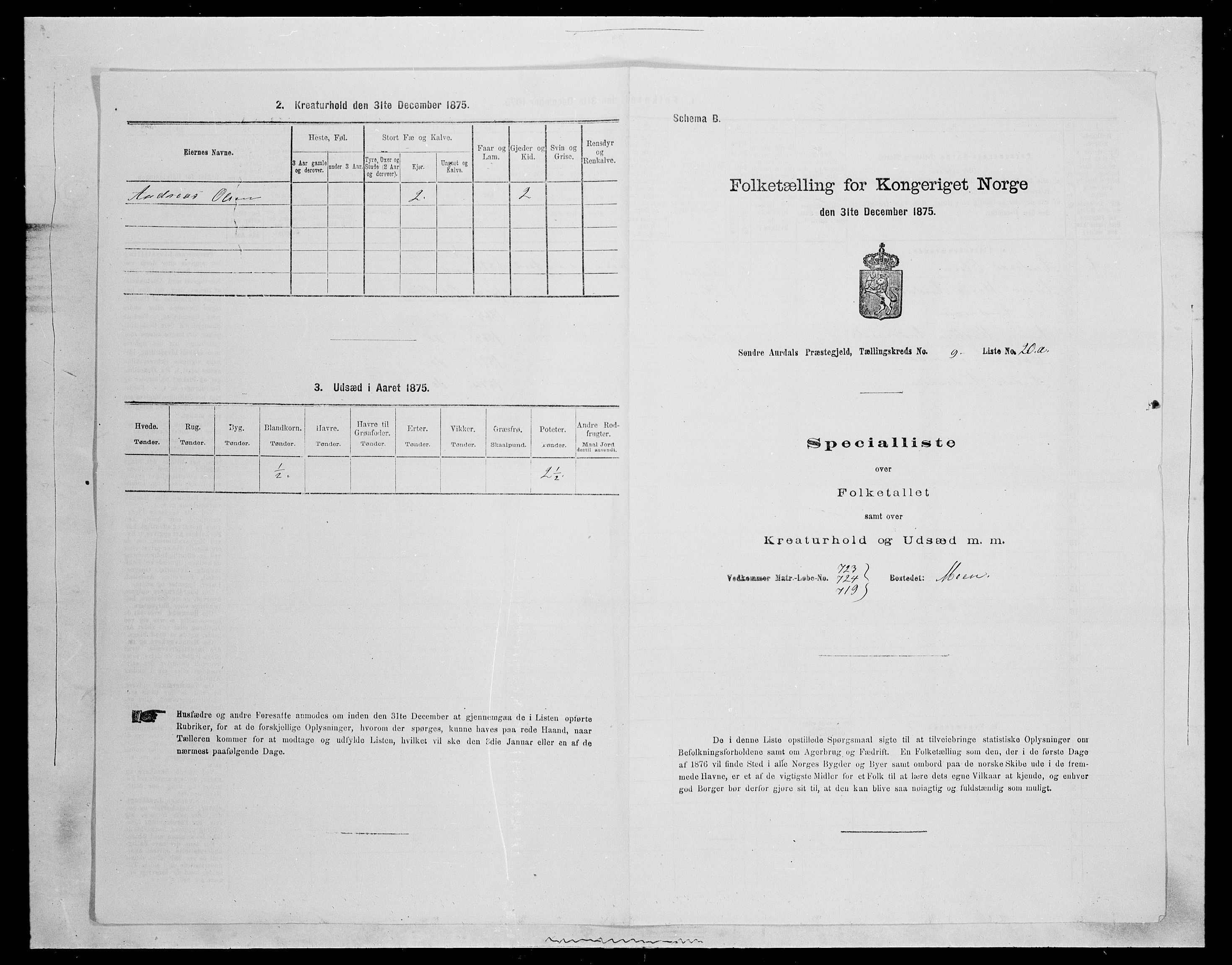 SAH, 1875 census for 0540P Sør-Aurdal, 1875, p. 1492