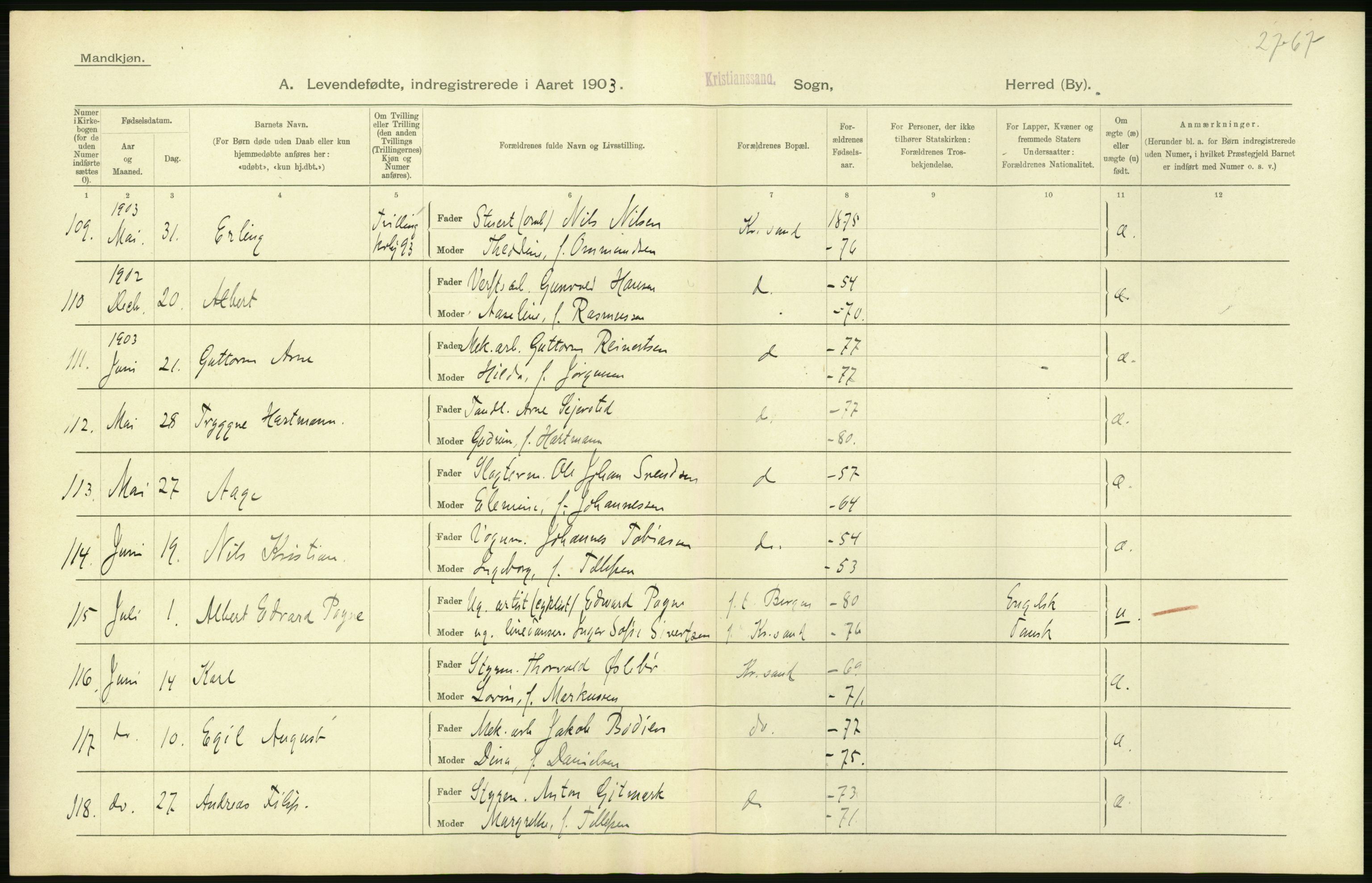 Statistisk sentralbyrå, Sosiodemografiske emner, Befolkning, AV/RA-S-2228/D/Df/Dfa/Dfaa/L0011: Lister og Mandal amt: Fødte, gifte, døde, 1903, p. 250